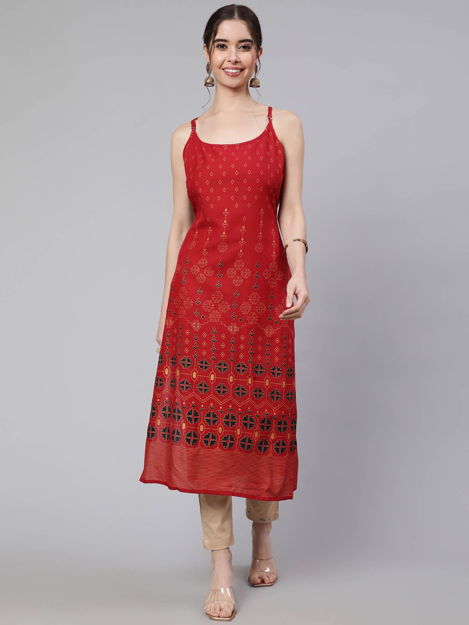 women red rayon printed calf length straight kurta