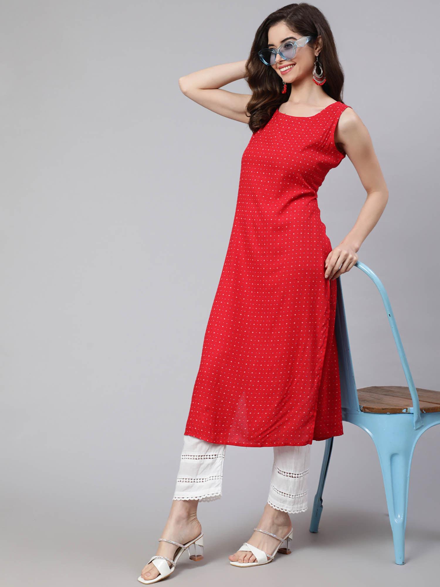 women red rayon printed round neck calf length straight kurta