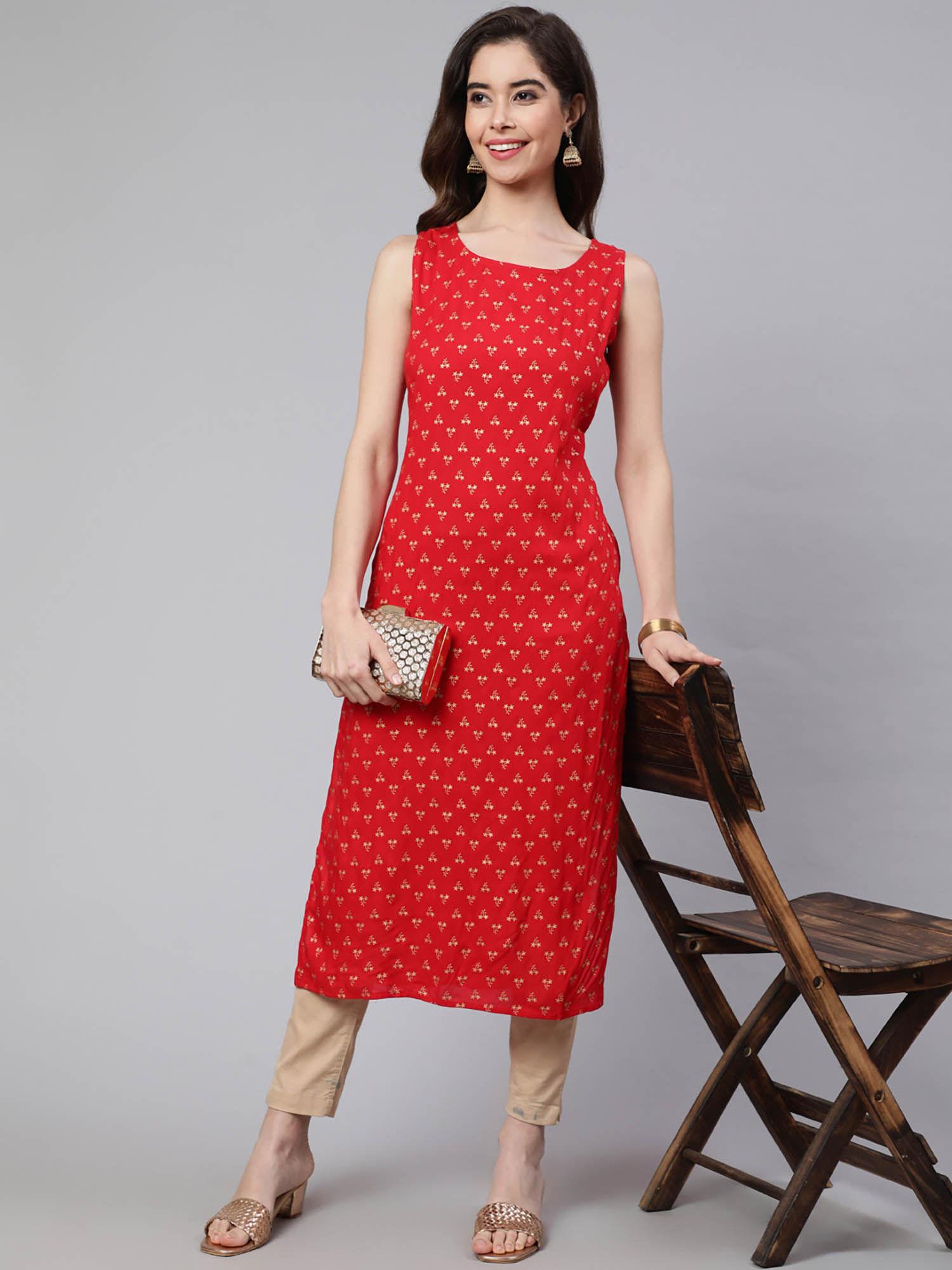 women red rayon printed sleeveless calf length straight kurta