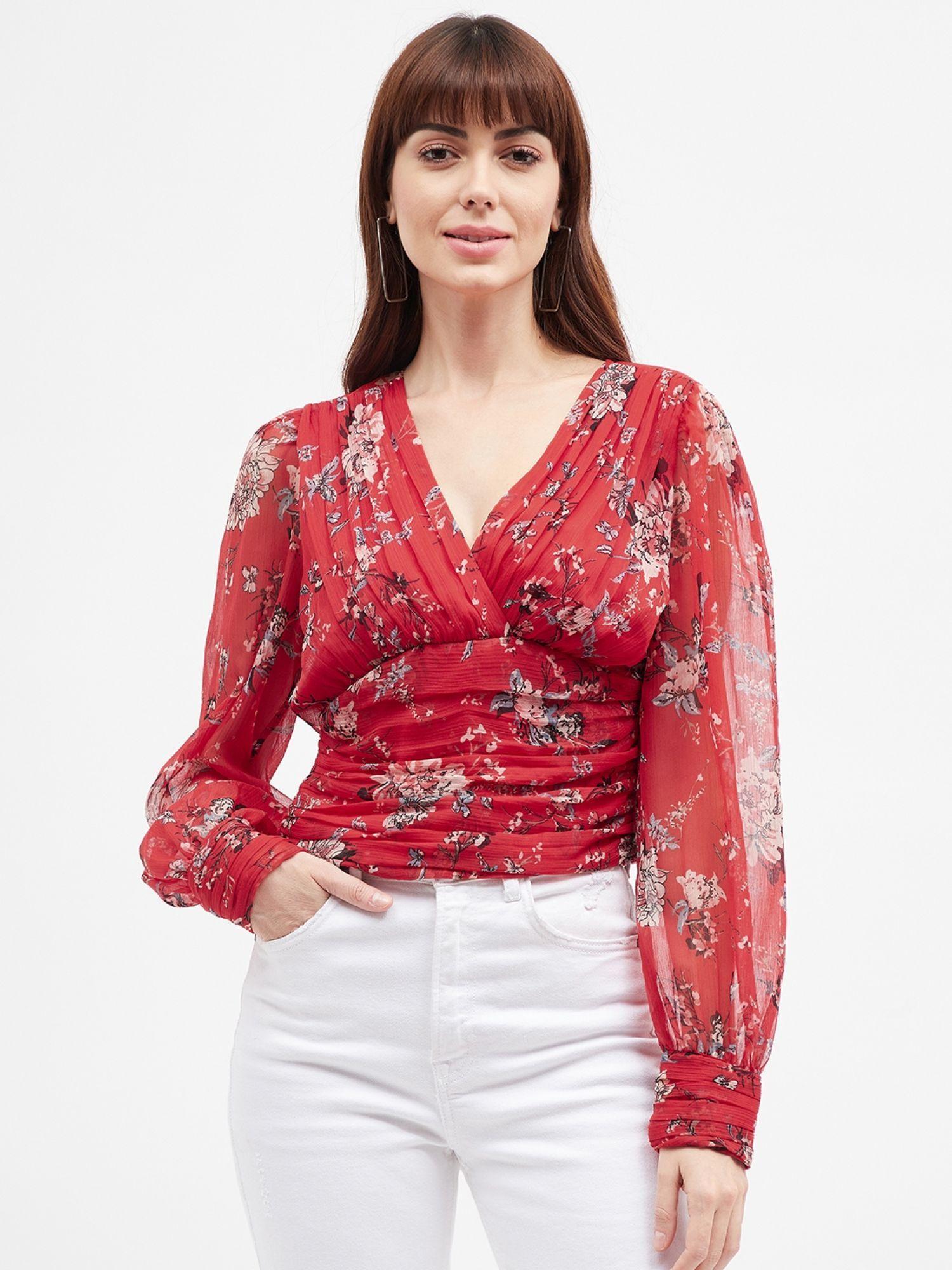 women red regular fit floral printed v-neck balloon sleeves top