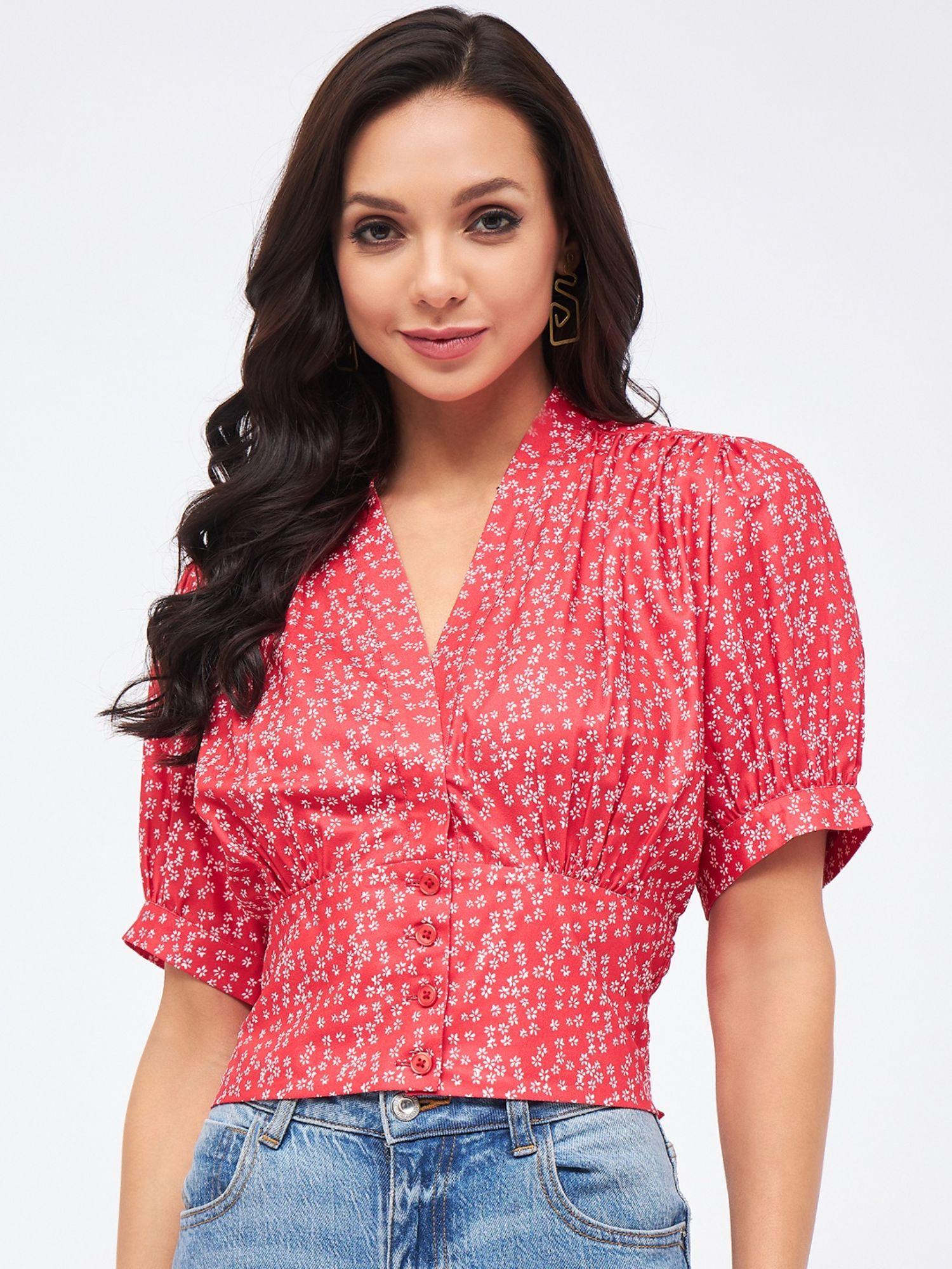 women red regular fit floral printed v-neck puff sleeves top