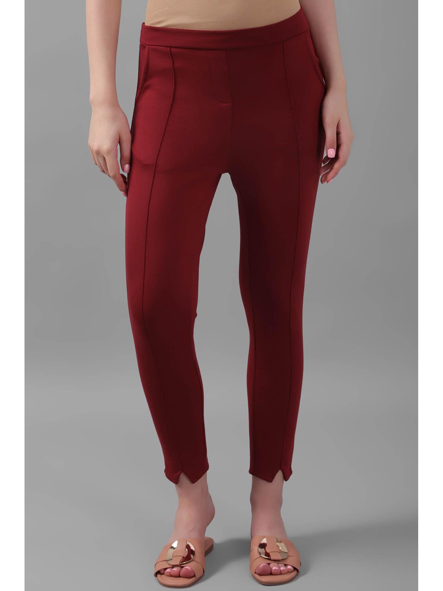 women red regular fit solid casual trousers