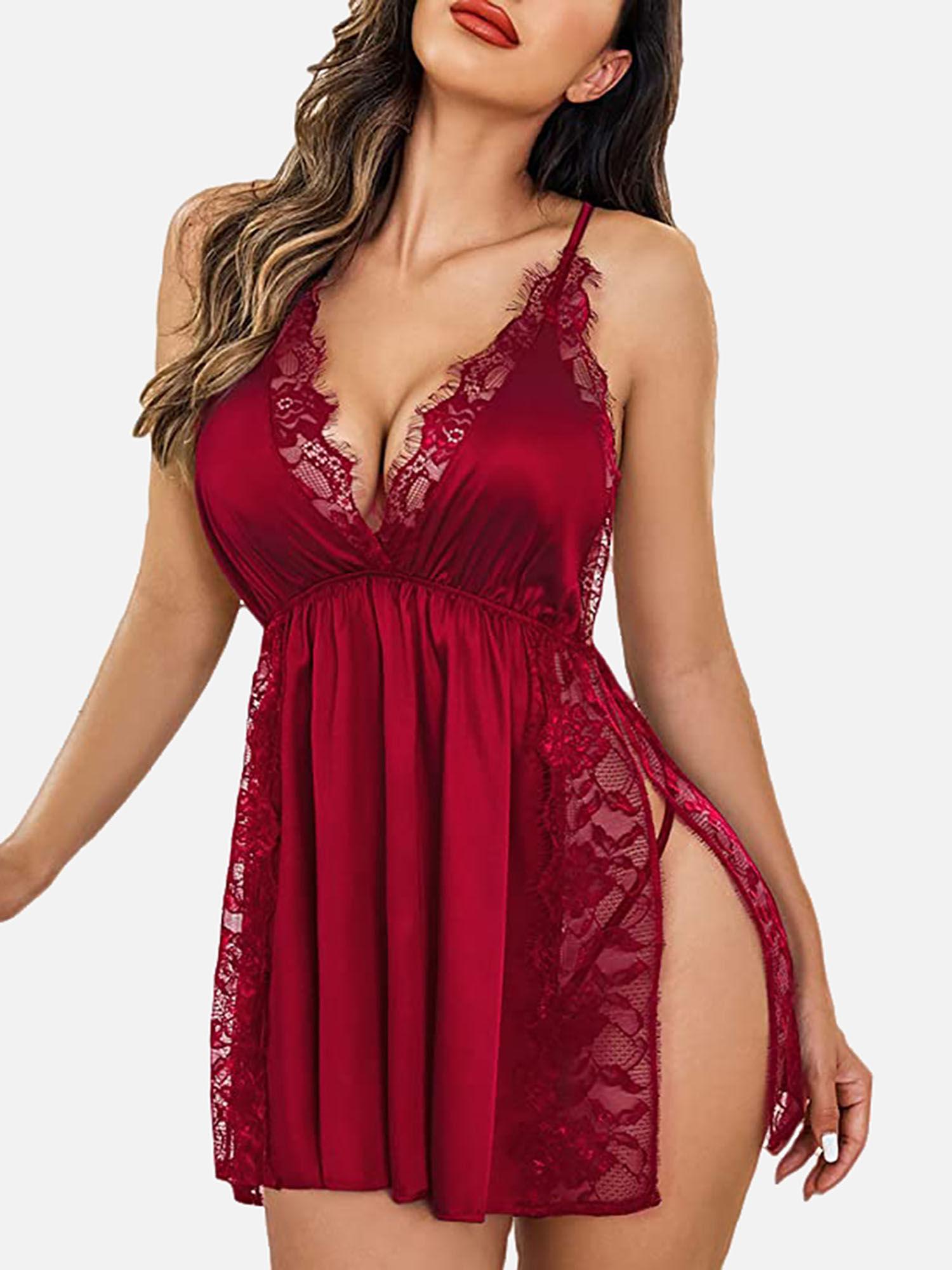 women red satin babydoll lingerie nightwear dress with thong (set of 2)