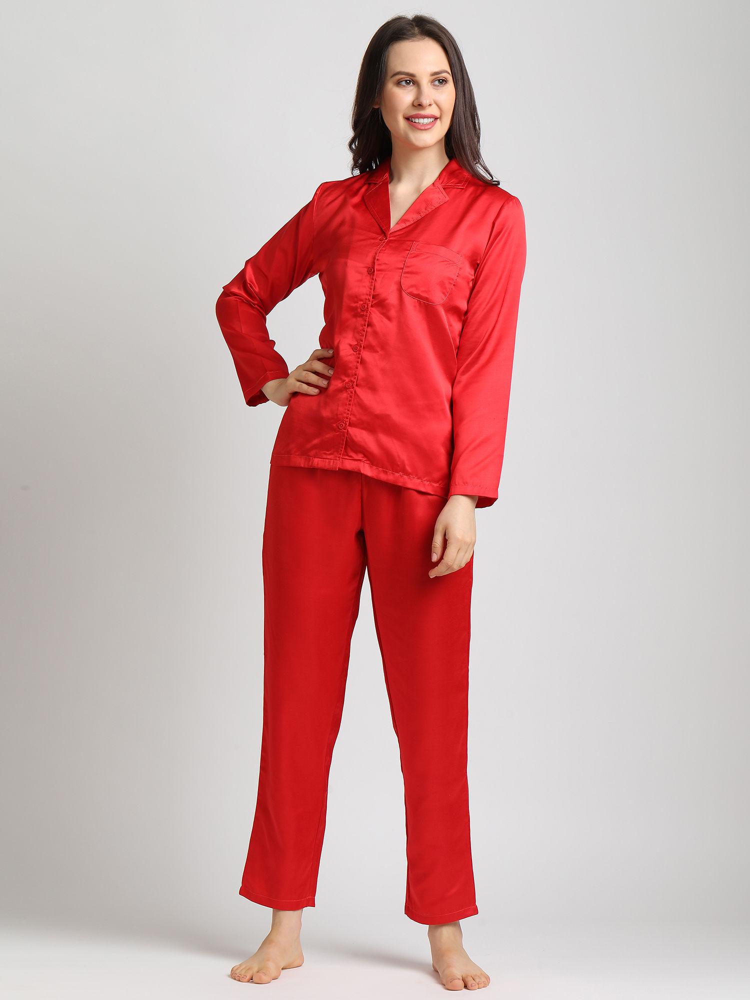 women red satin night suit