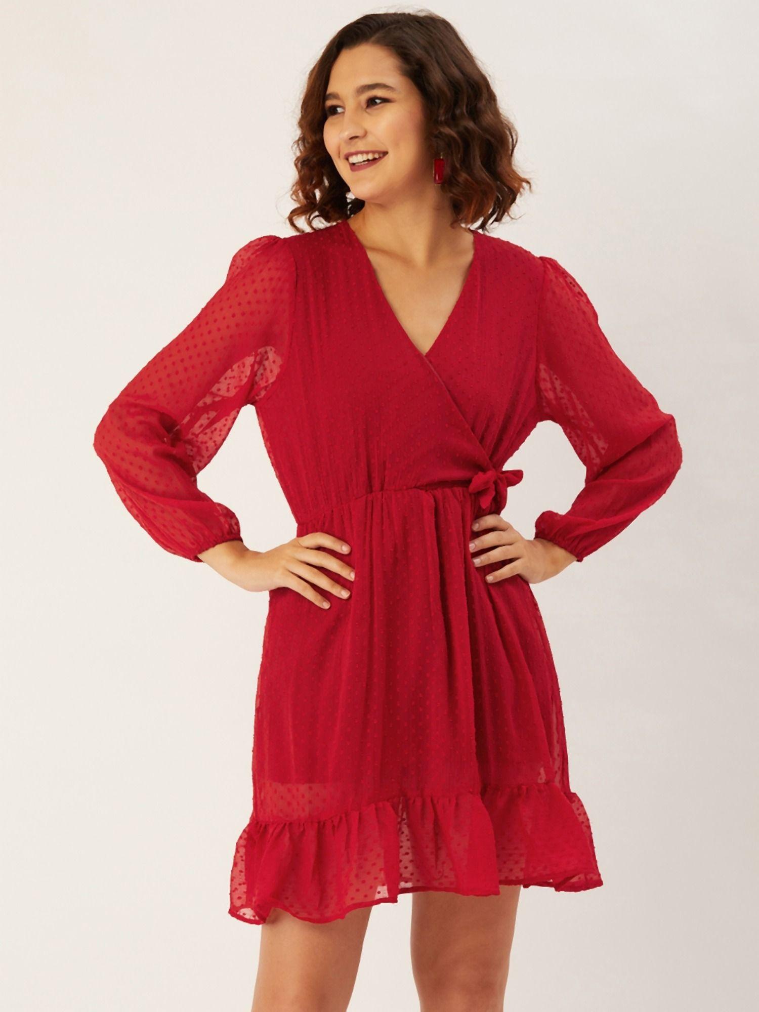 women red self design wrap dress