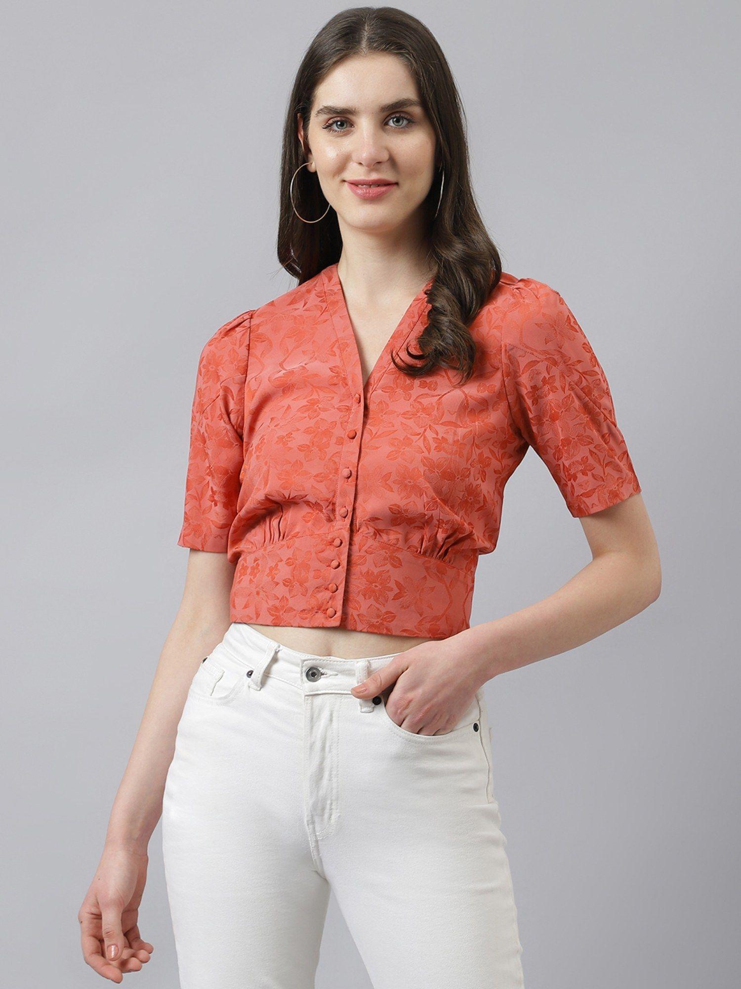 women red self printed floral top with front buttons