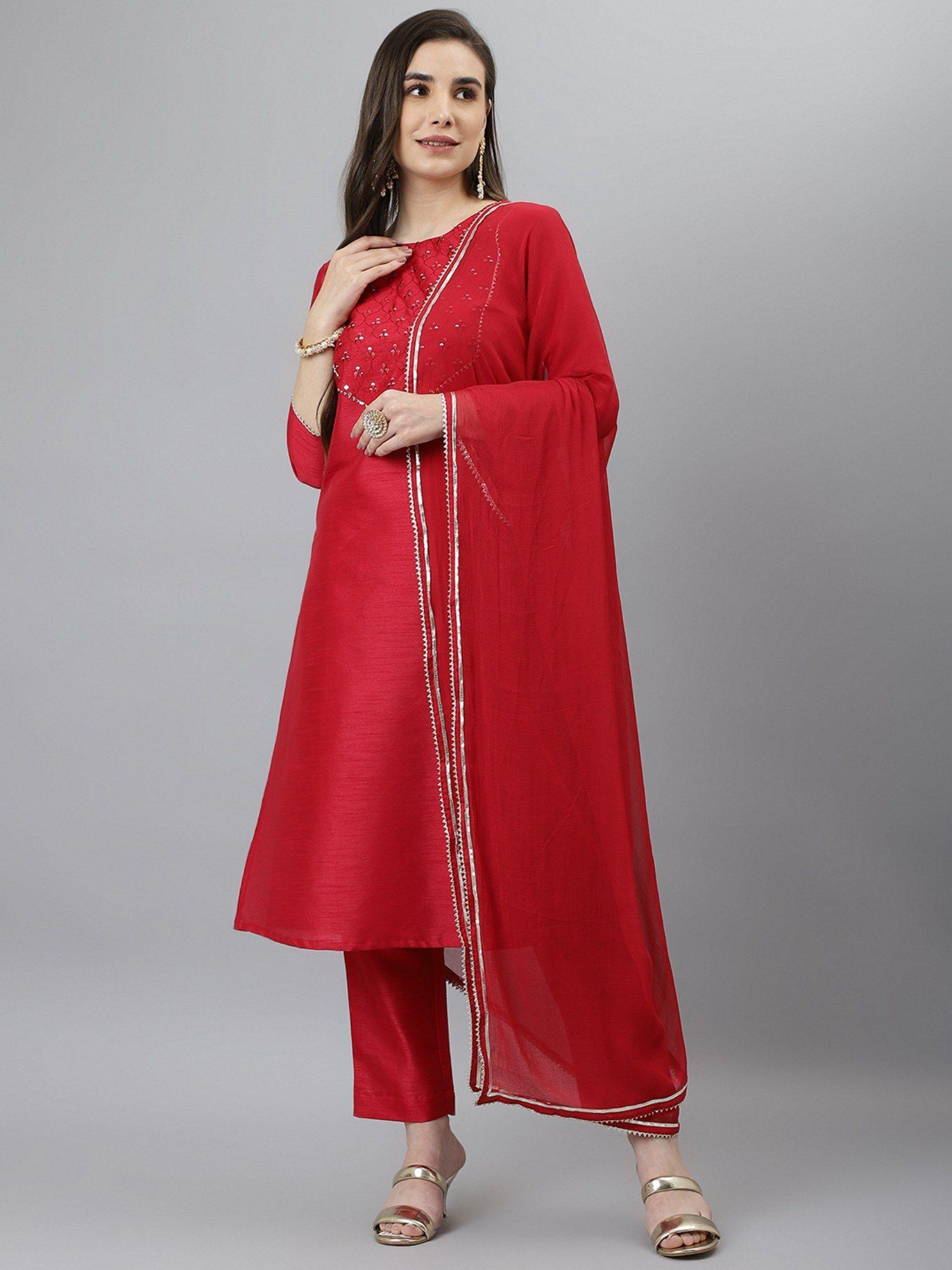 women red silk blend embroidered straight kurta with pant & dupatta (set of 3)