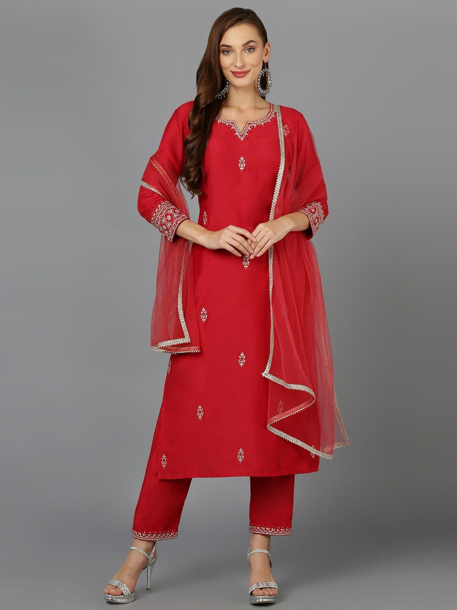 women red silk blend straight kurta pants with dupatta (set of 3)