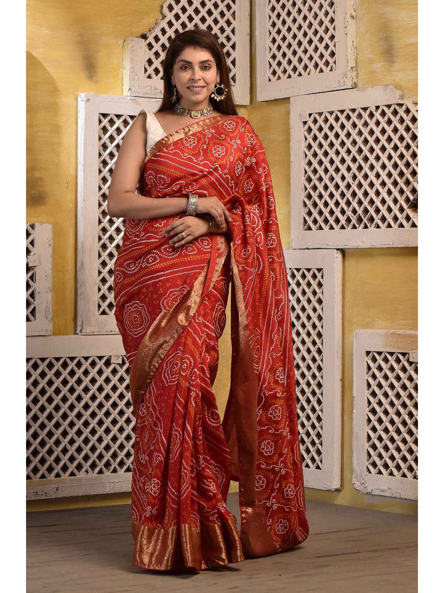 women red silk printed saree with unstitched blouse