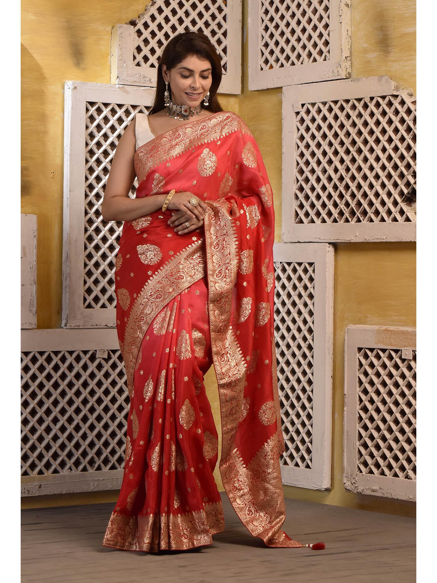 women red silk woven saree with unstitched blouse