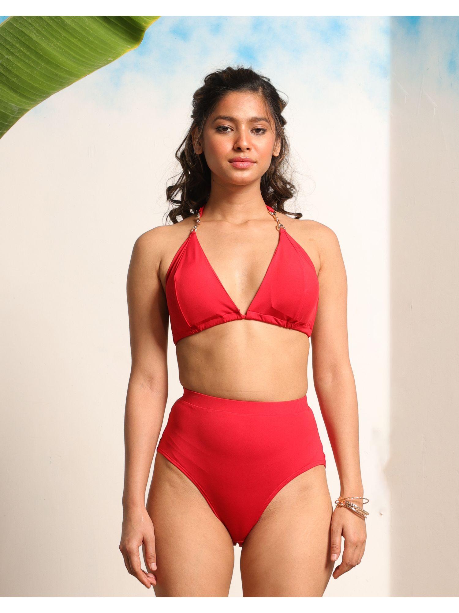 women red solid bikini swim top & bottom (set of 2)