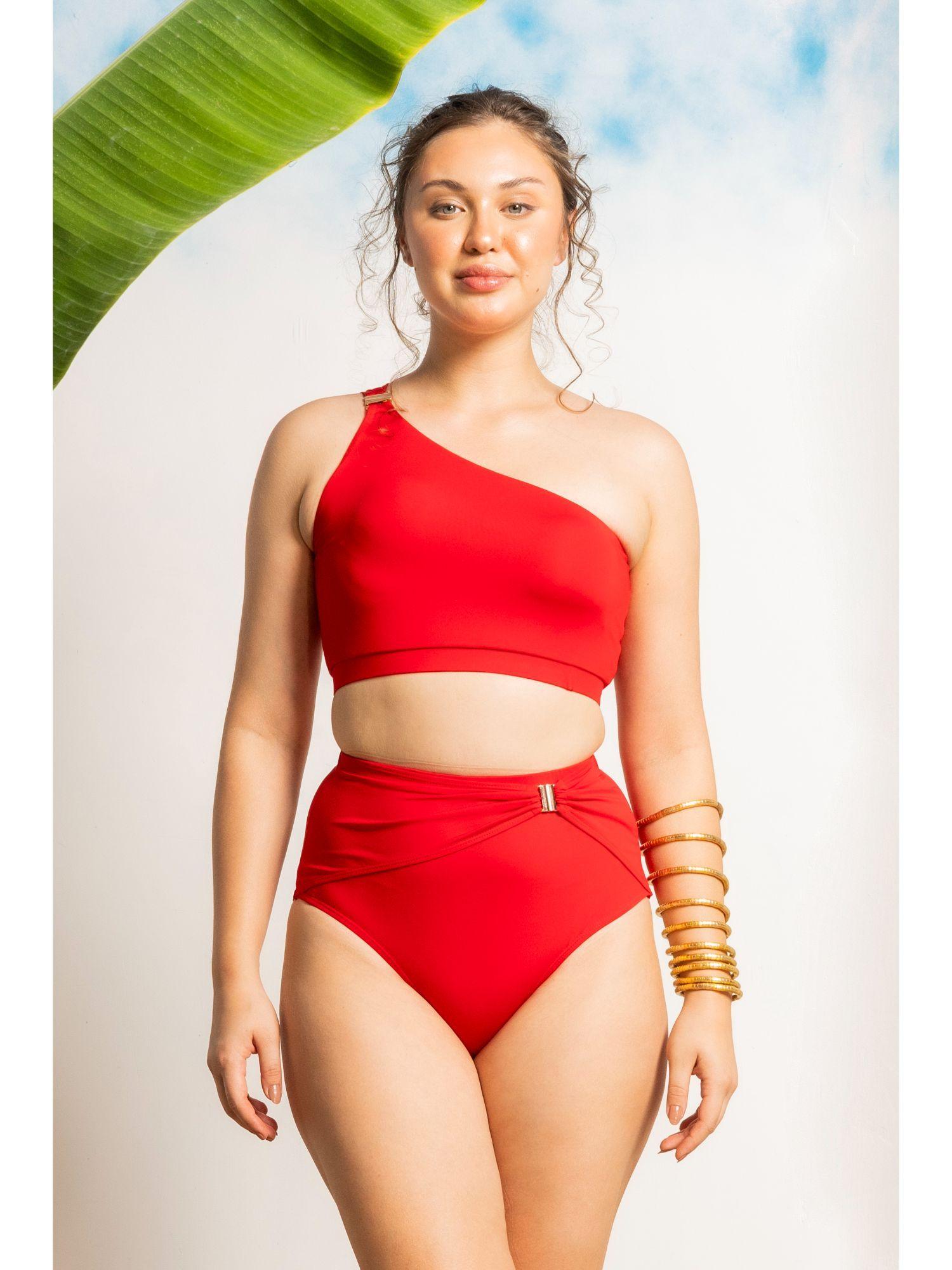 women red solid bikini swim top & bottom (set of 2)