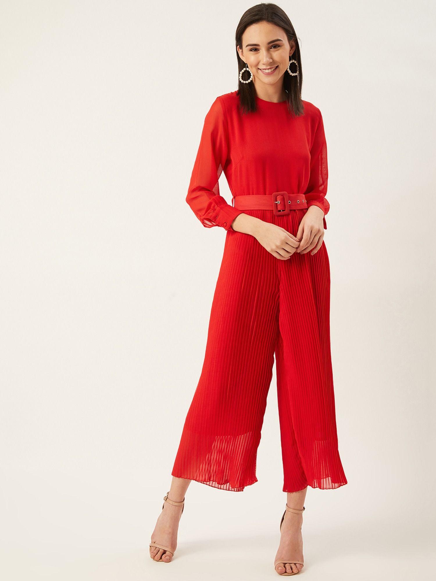 women red solid capri jumpsuit with belt (set of 2)