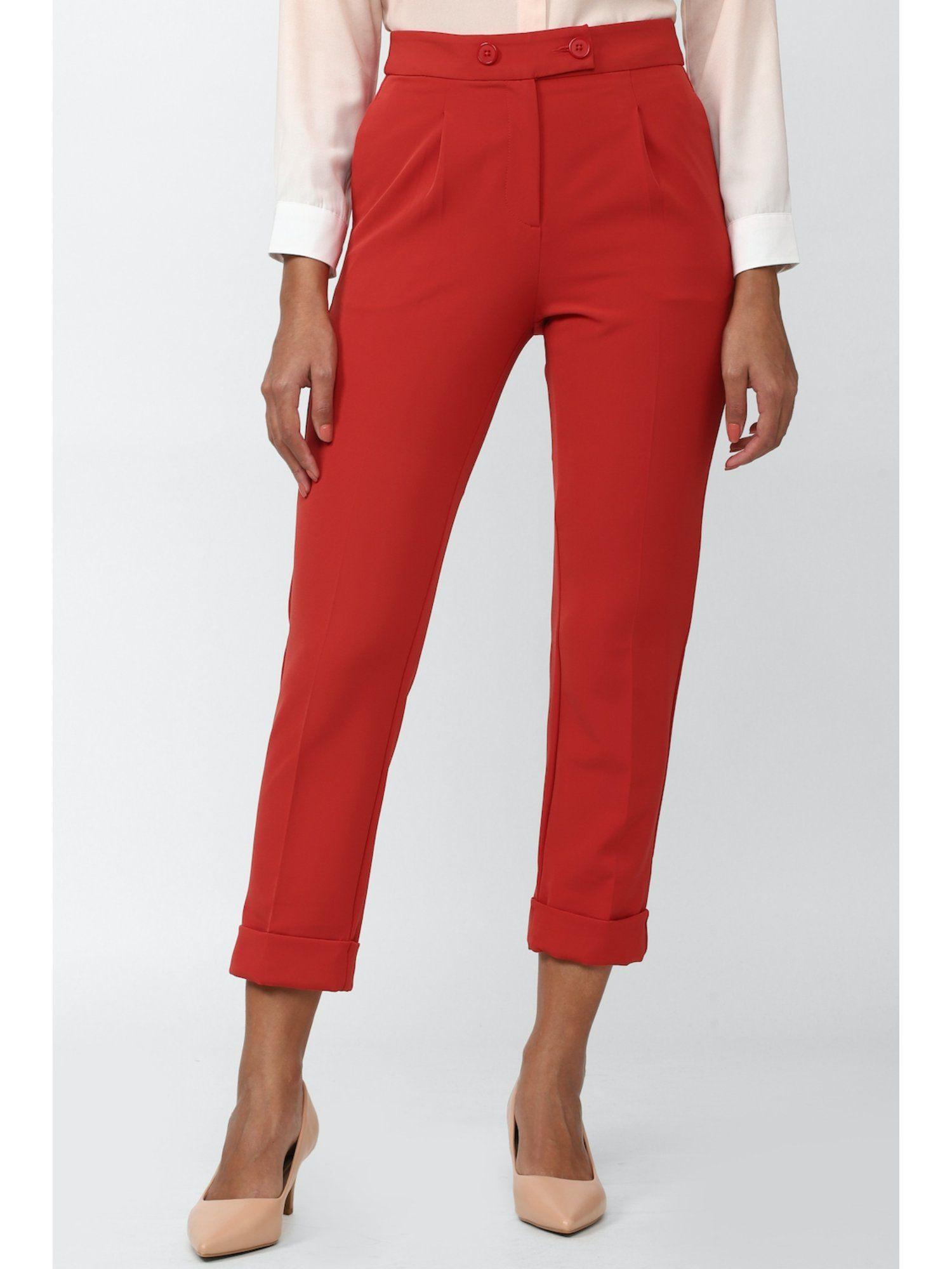 women red solid casual slim fit trousers