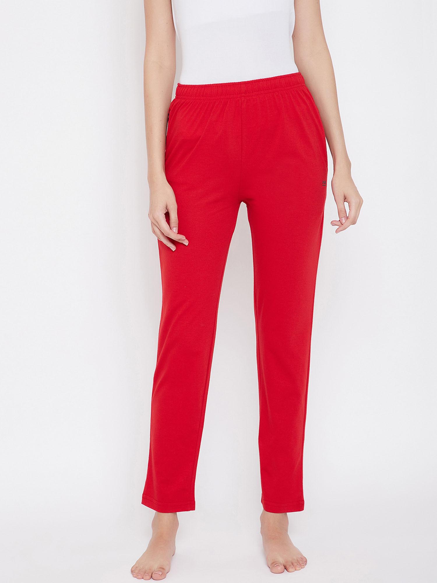 women red solid cotton track pants