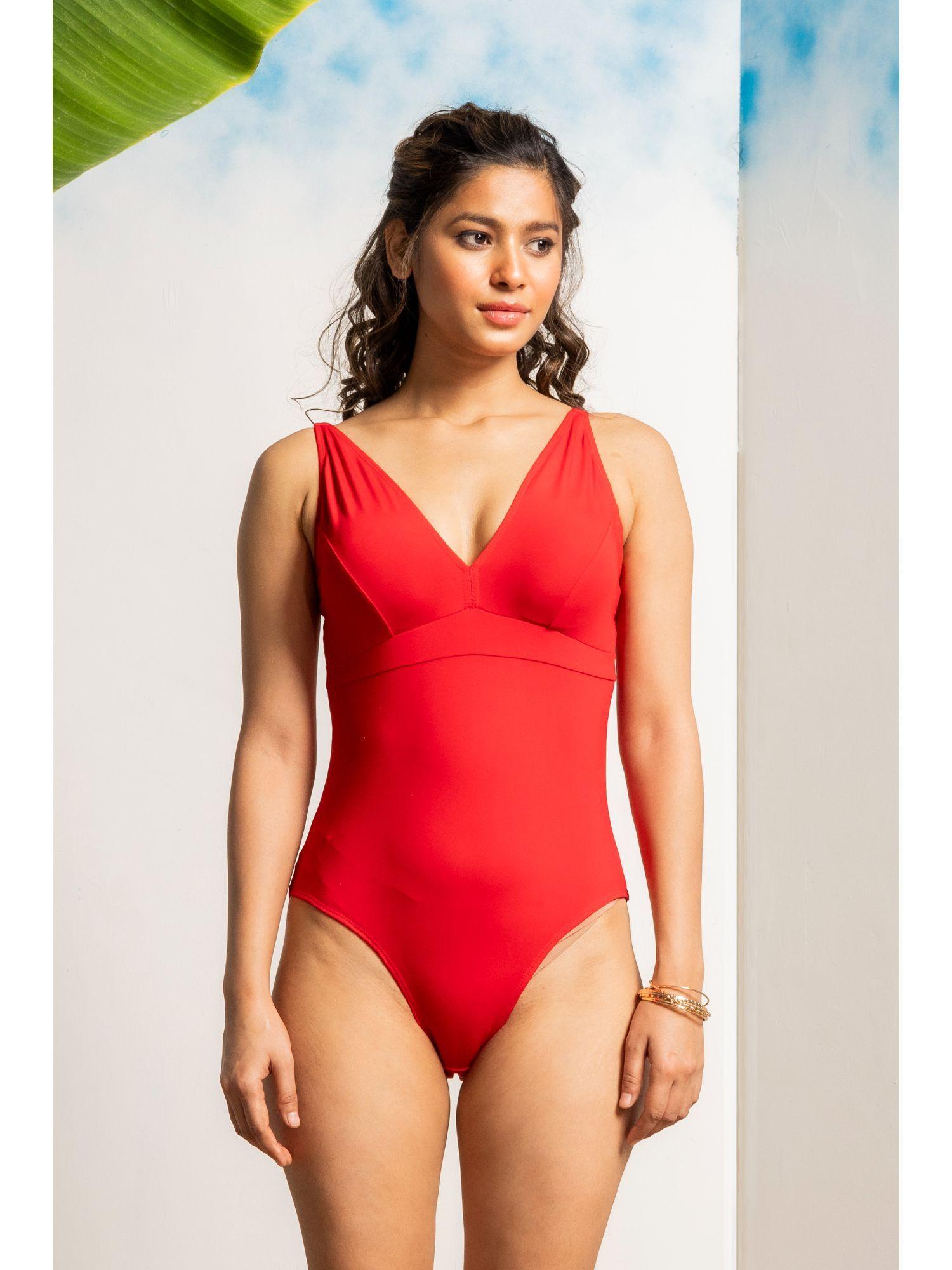 women red solid monokini swimwear