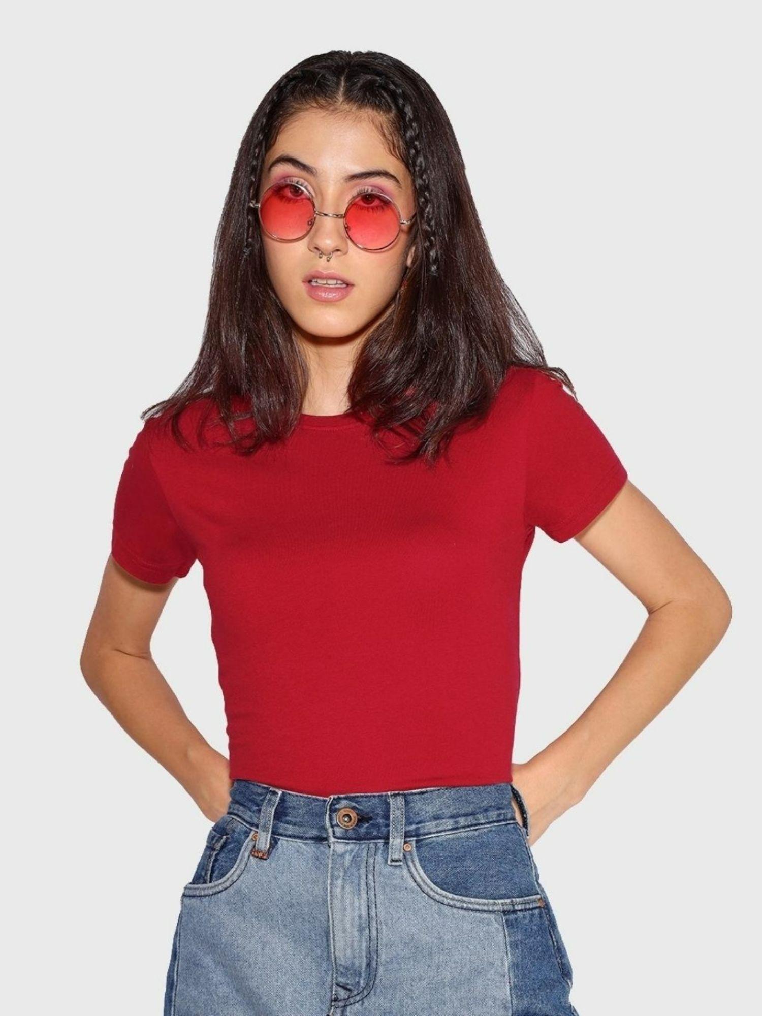 women red solid normal t-shirts