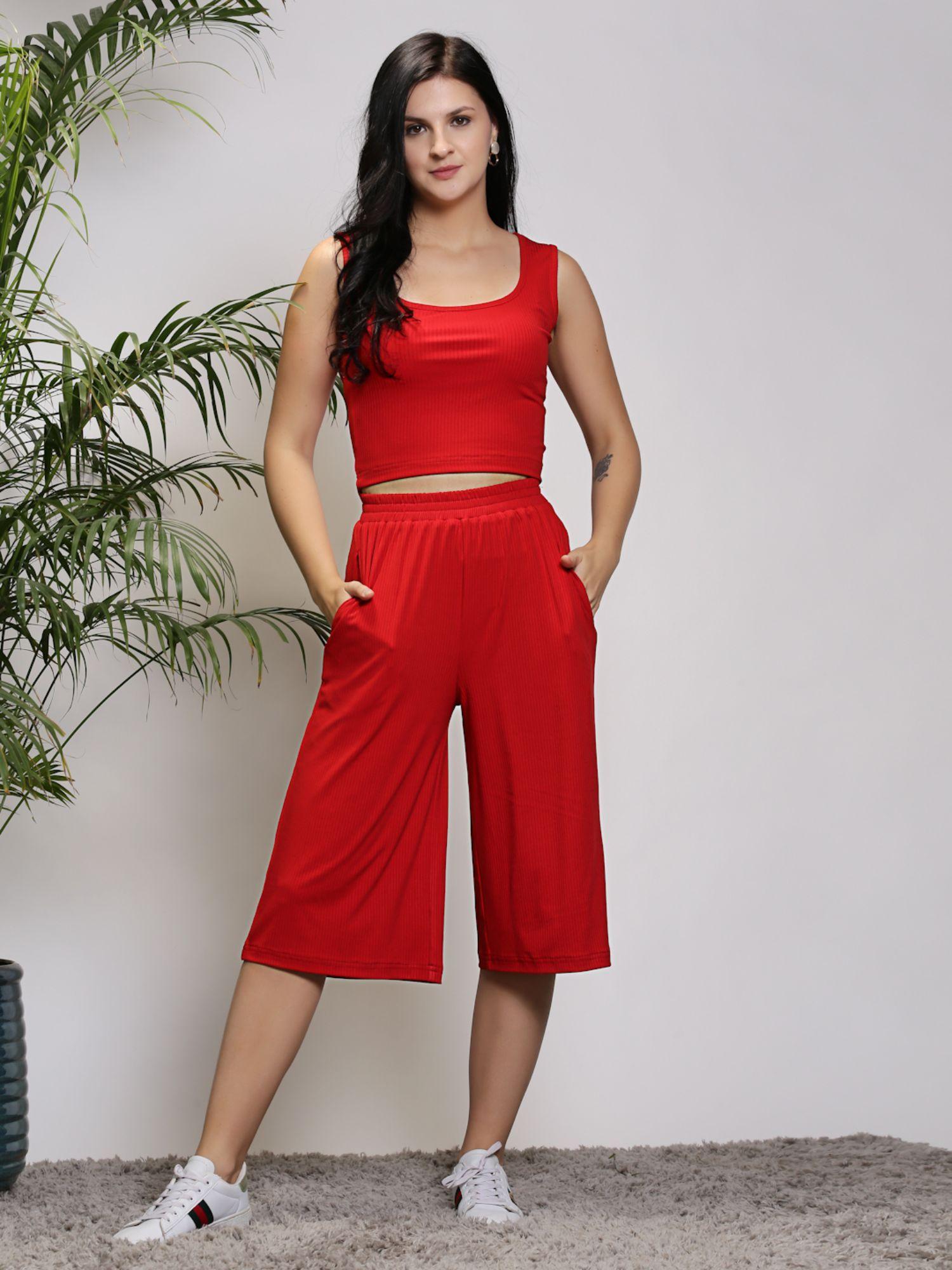 women red solid round neck co-ord (set of 2)