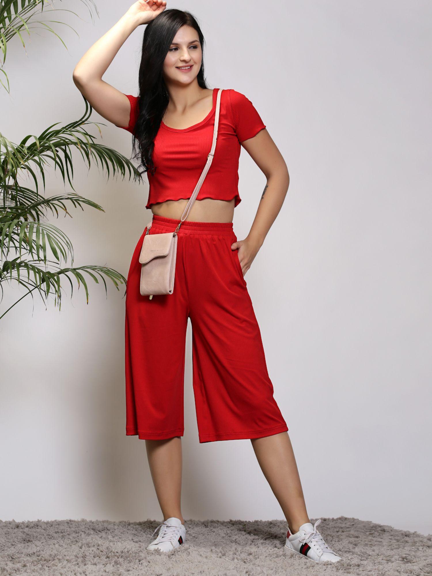 women red solid round neck co-ord (set of 2)