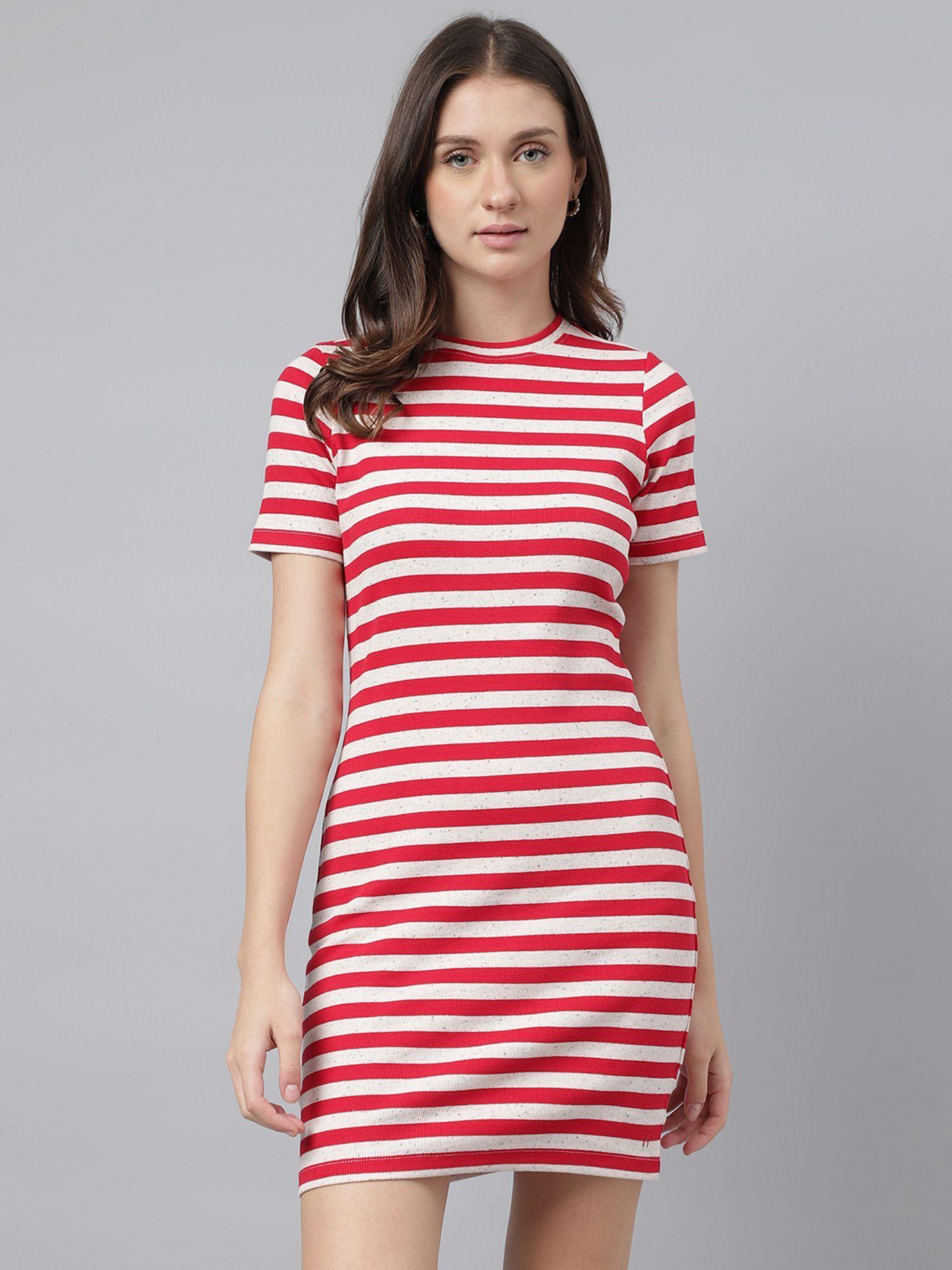 women red solid round neck t-shirt dress