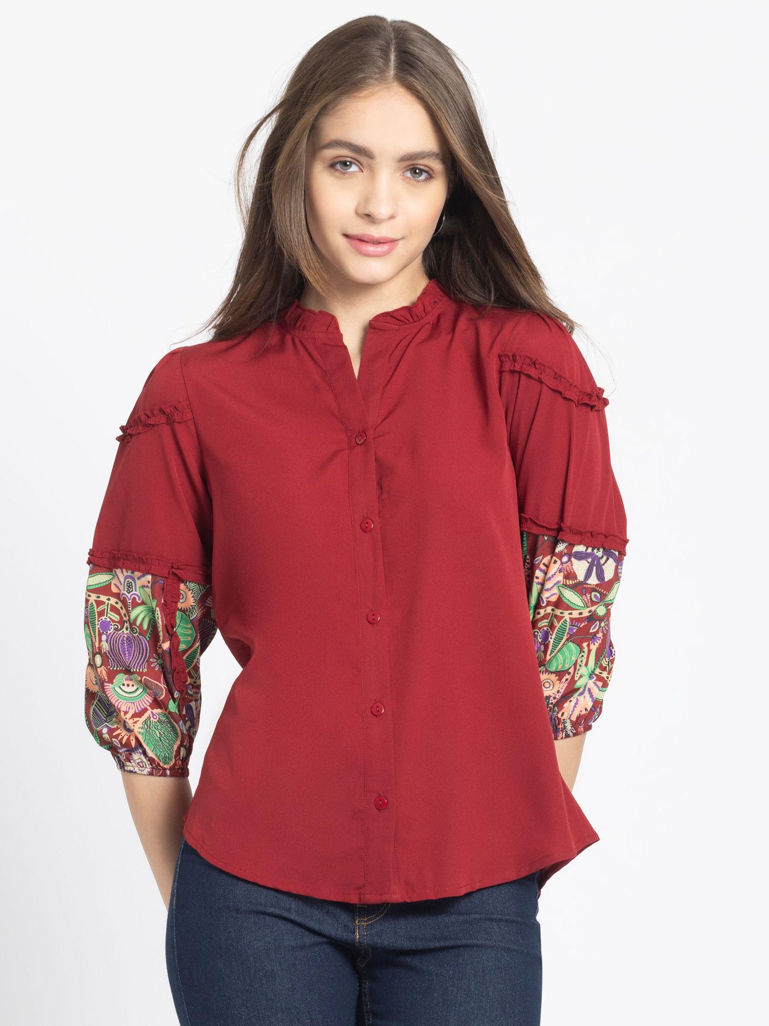 women red solid three-quarter sleeves casual top