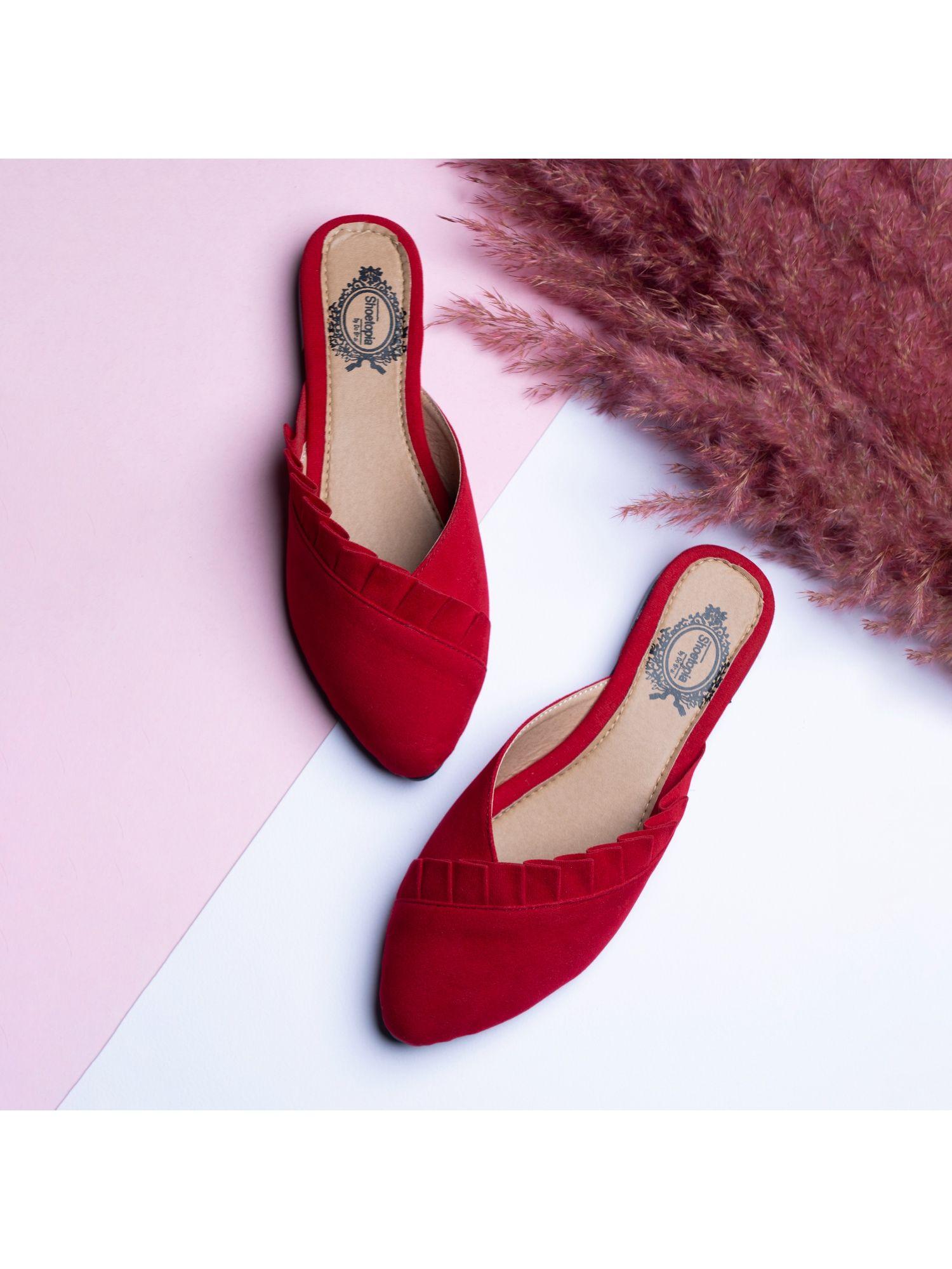 women red solid velvet mules