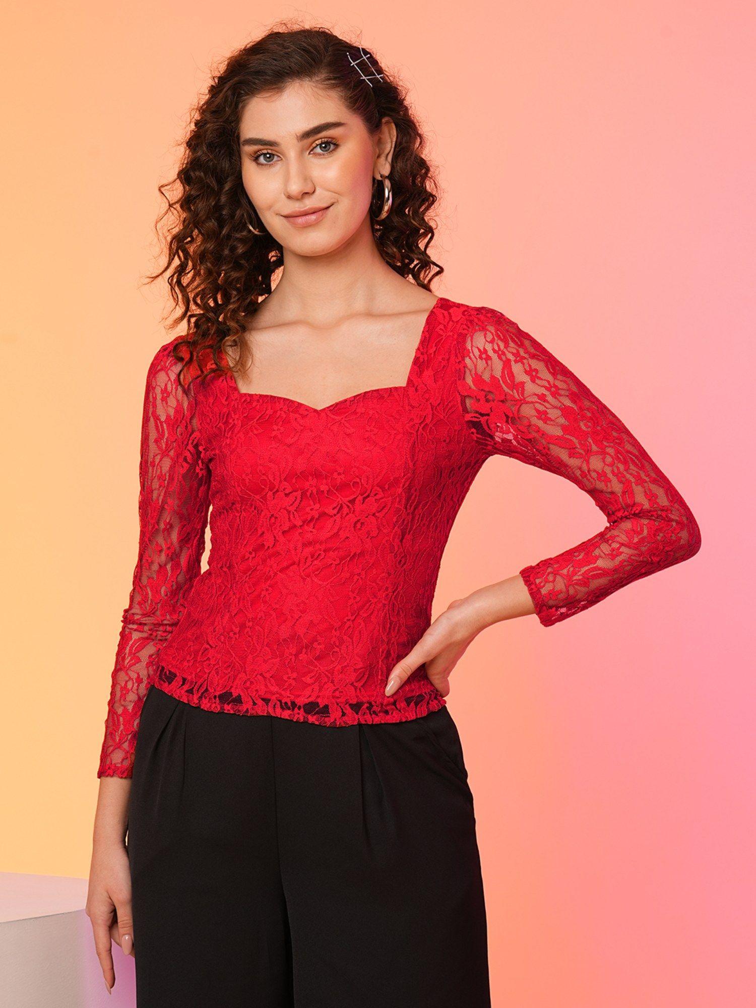 women red sweetheart neck smocked floral lace top