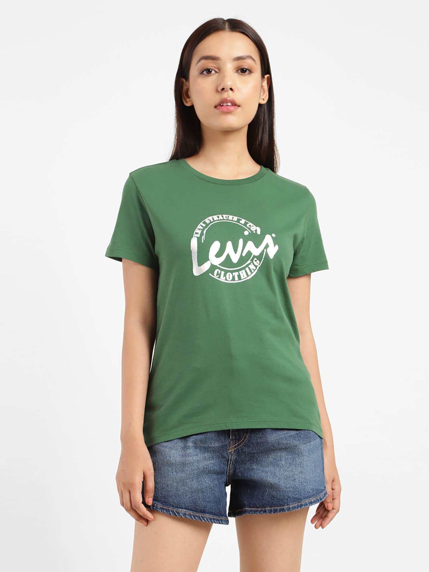 women red tab brand logo crew neck pure cotton t-shirt-green