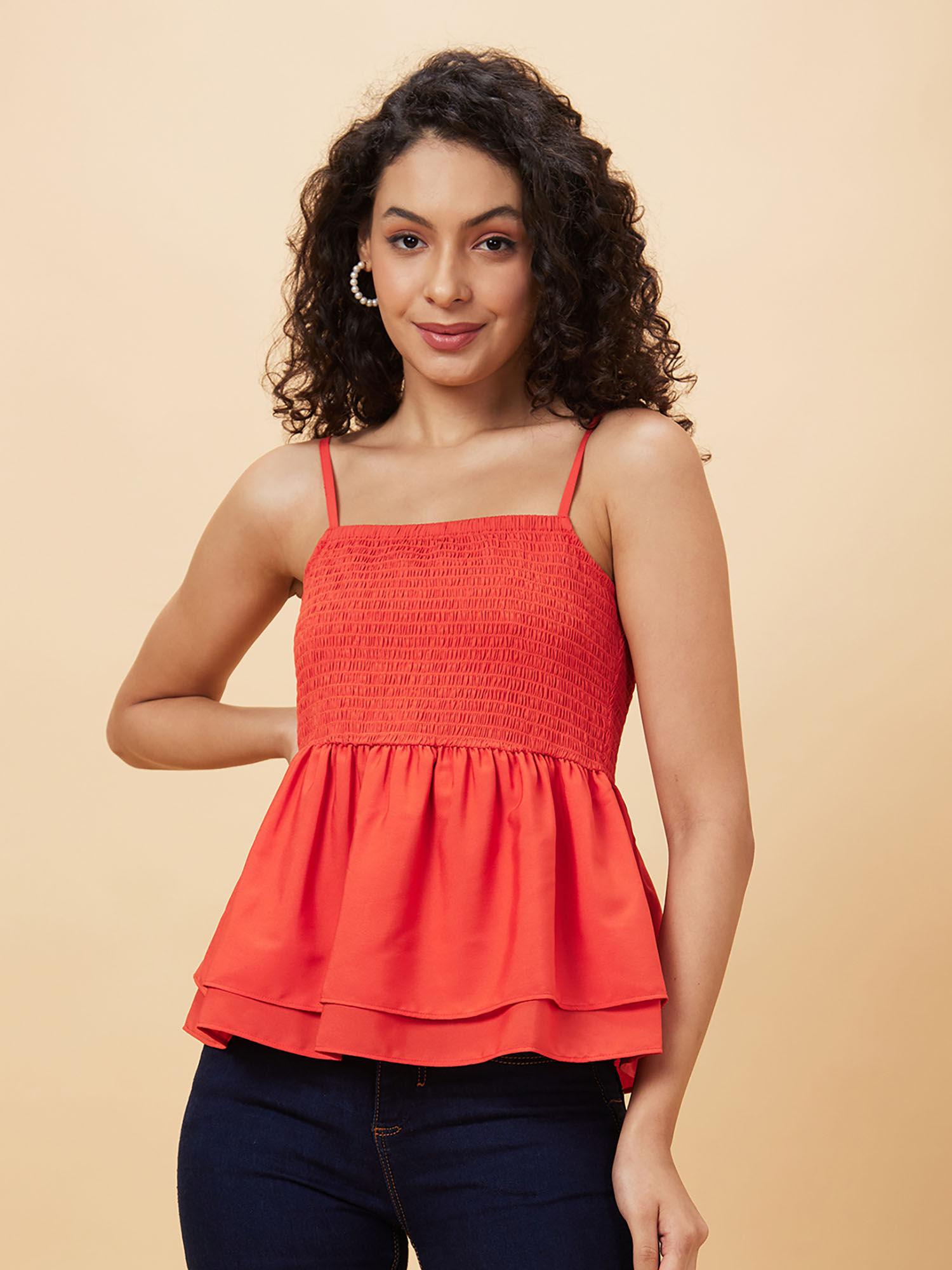 women red textured shoulder straps casual top