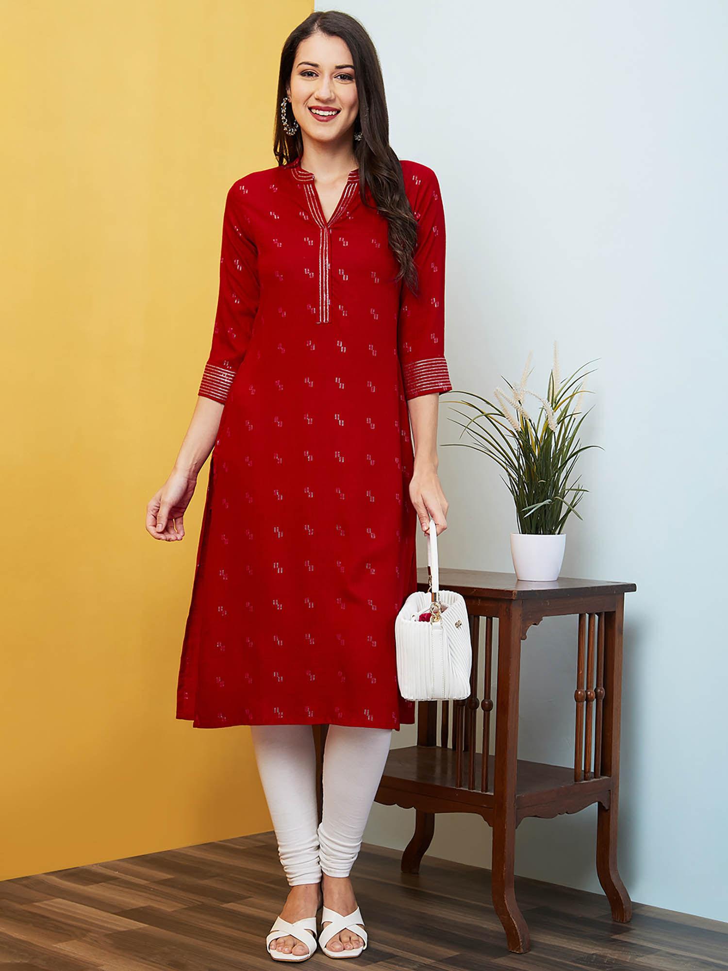 women red thread work mandarin collar geometric print straight kurta