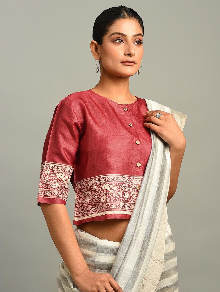 women red tussar block print saree blouses