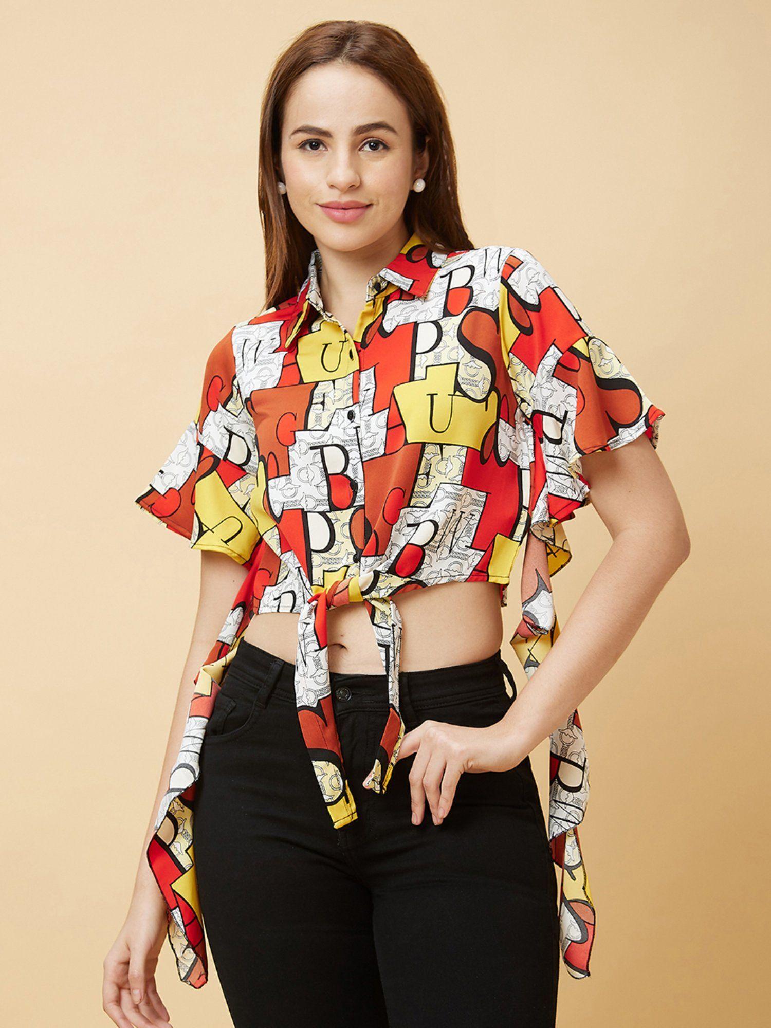 women red typography print casual shirt style crop top with waist tie-up