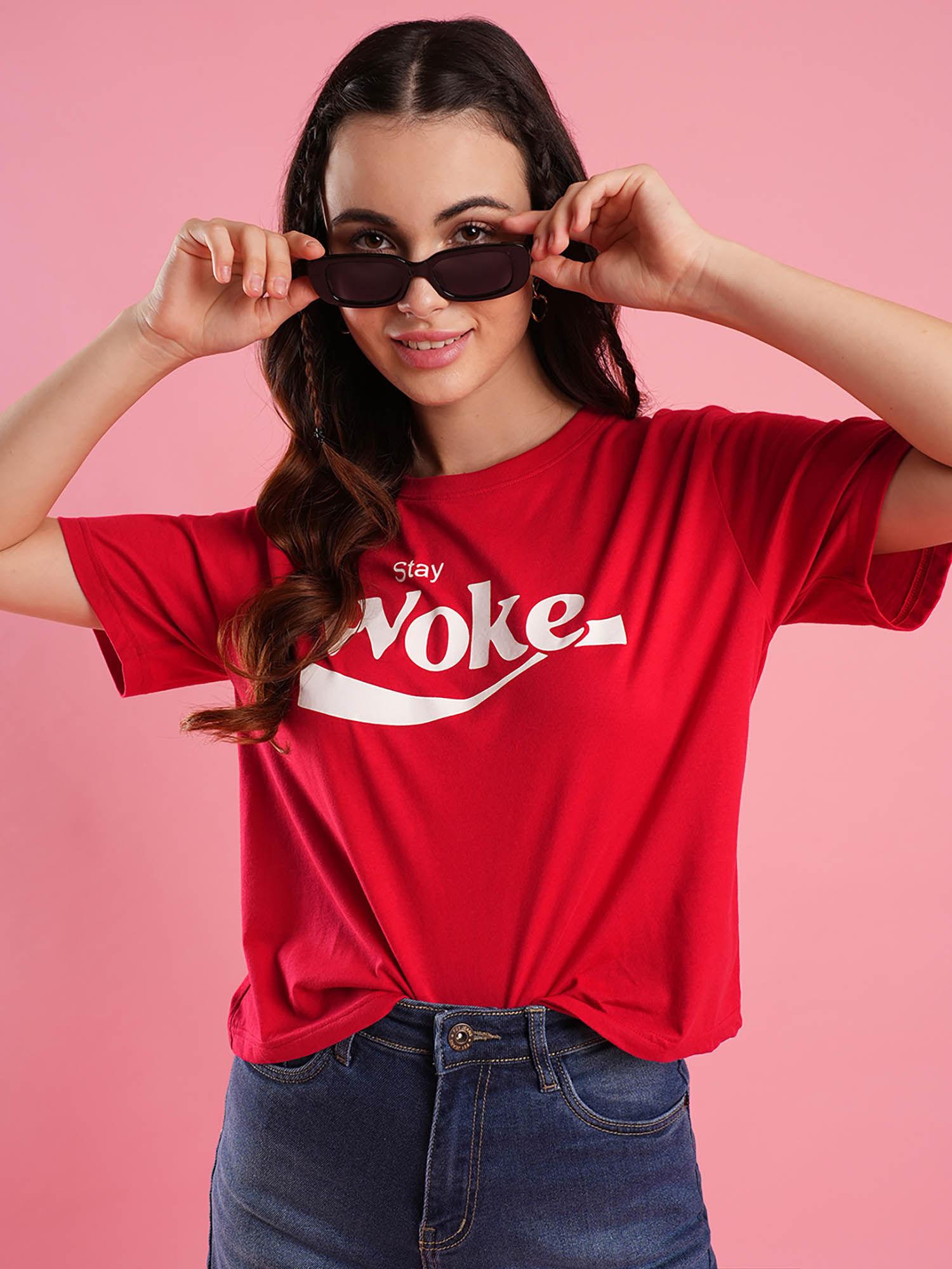 women red typography print drop shoulder boxy crop t-shirt