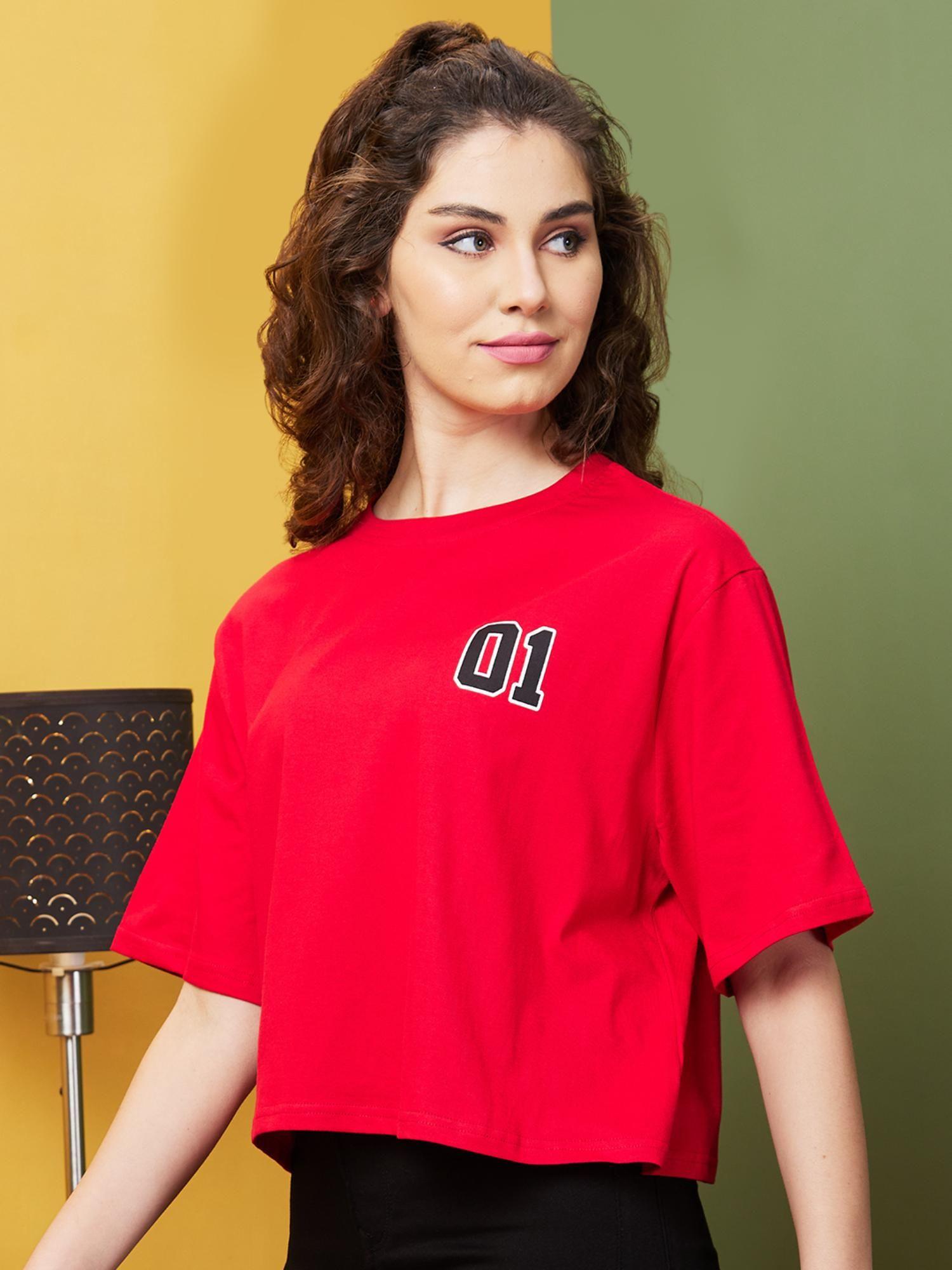 women red typography printed drop shoulder boxy fit t-shirt