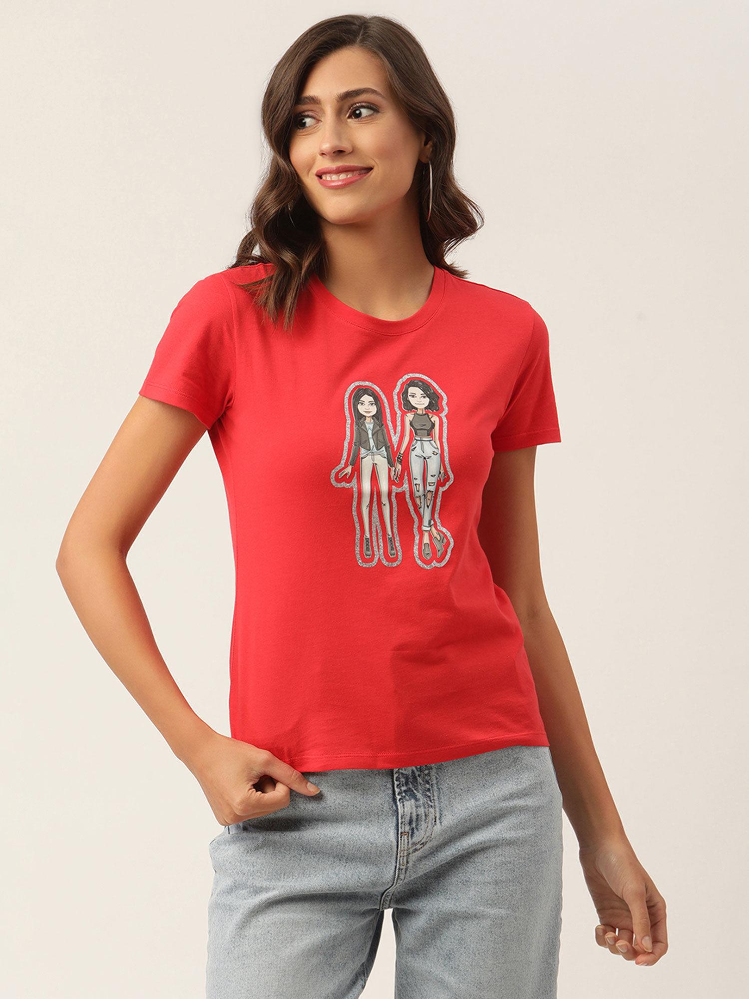 women red typography printed t-shirt