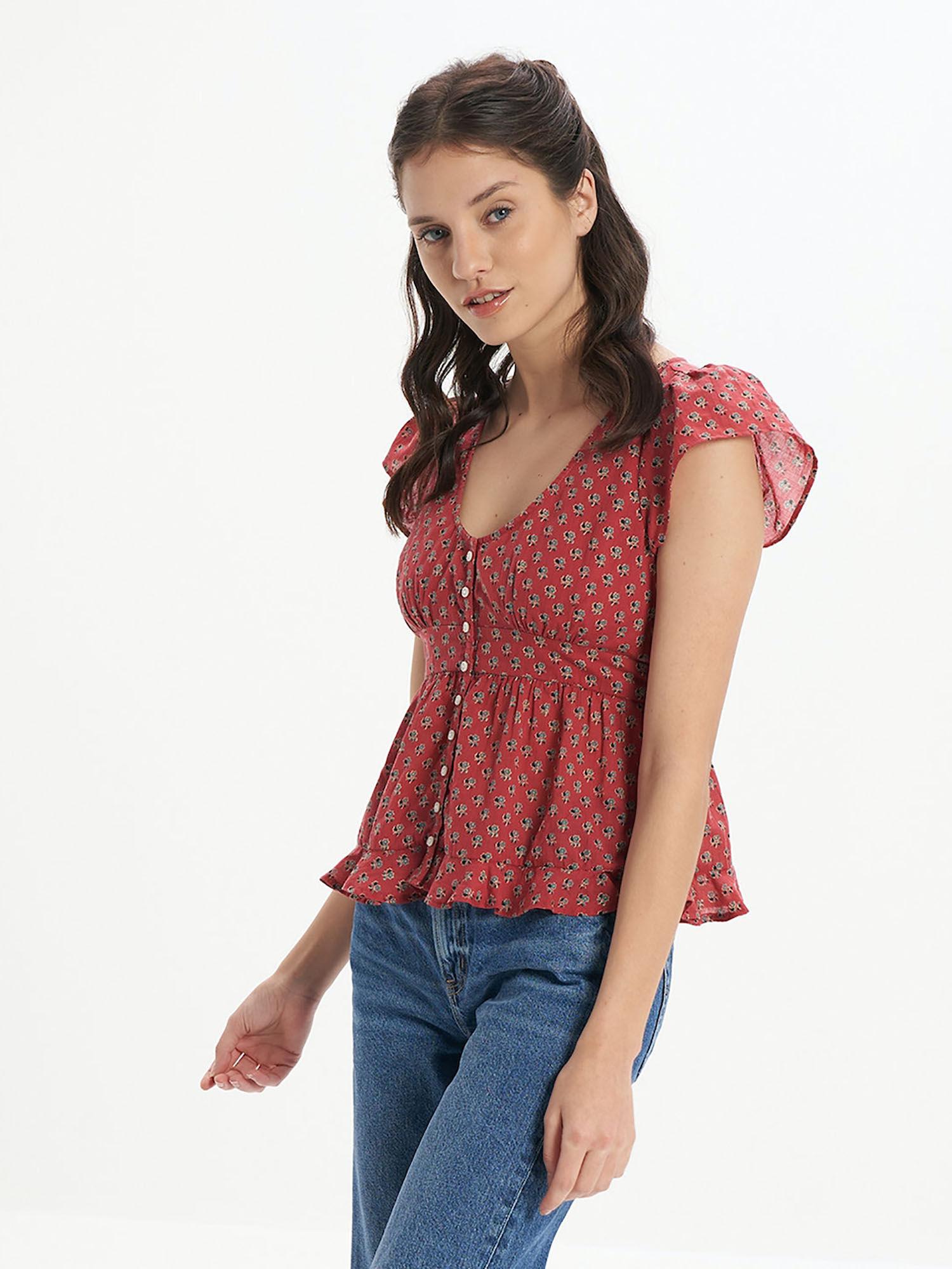 women red v neck button up top