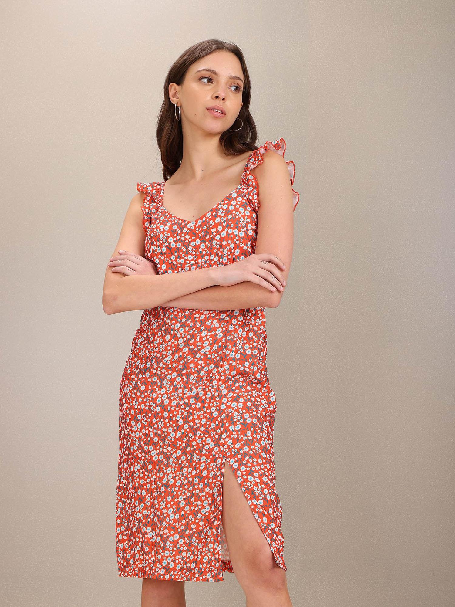 women red v-neck floral print slip dress