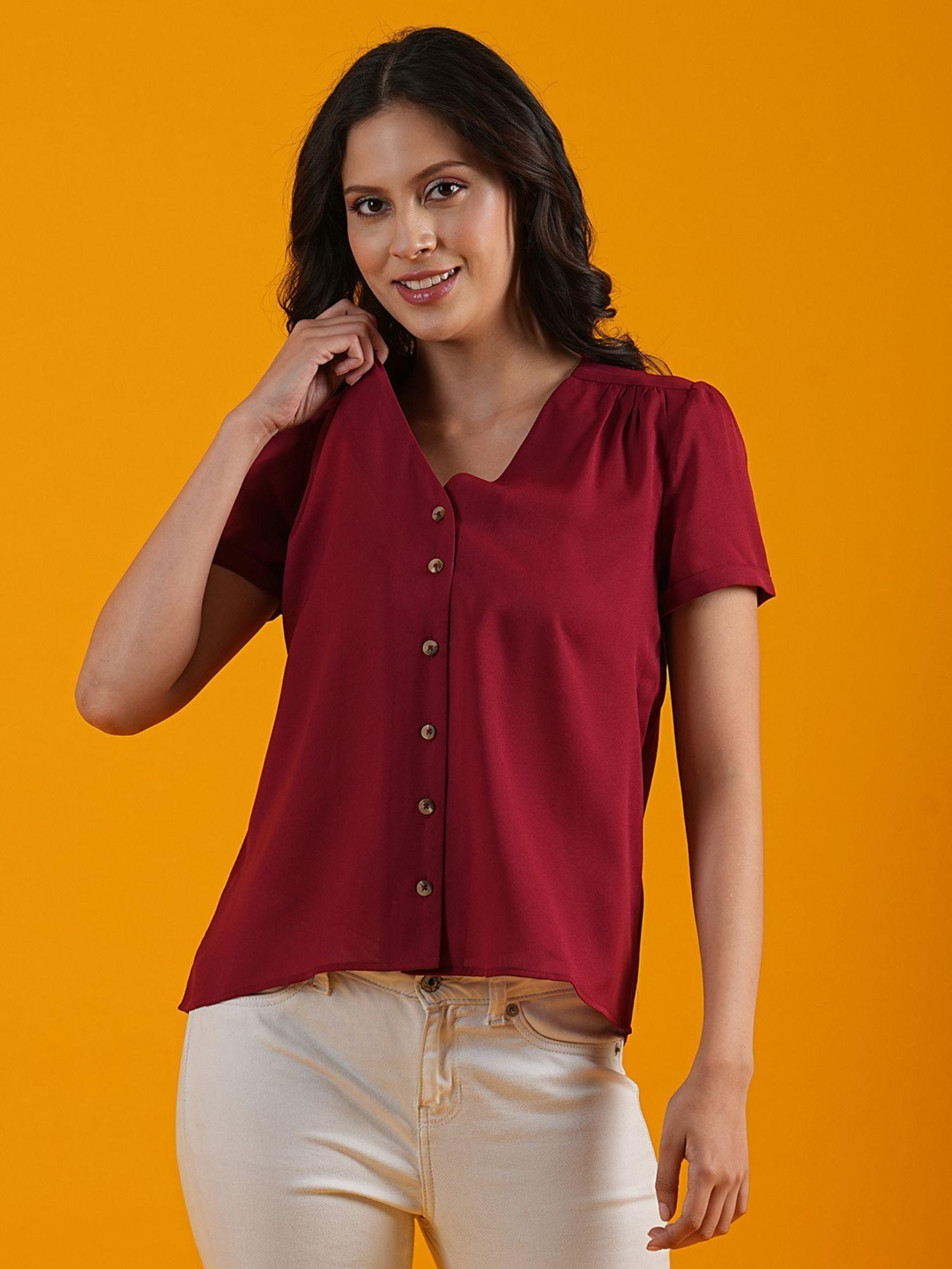 women red v-neck short puff sleeves workwear shirt style top