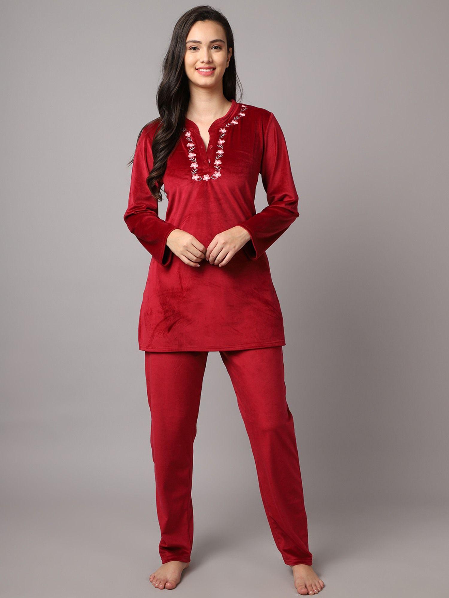 women red velvet winter wear night suit