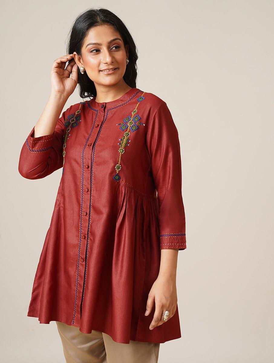 women red viscose embroidered round neck regular fit tunics