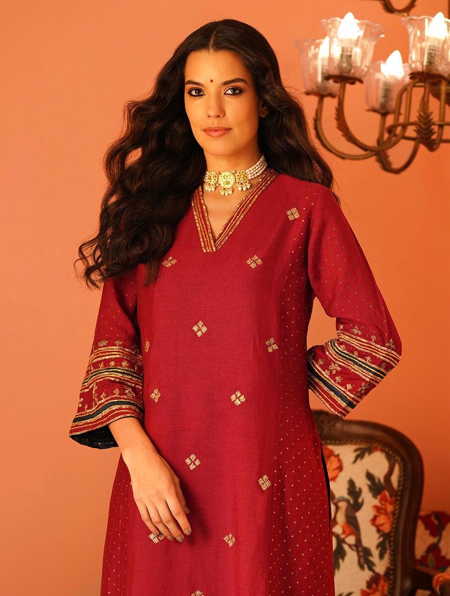 women red viscose linen gota patti v neck straight kurta with salwar