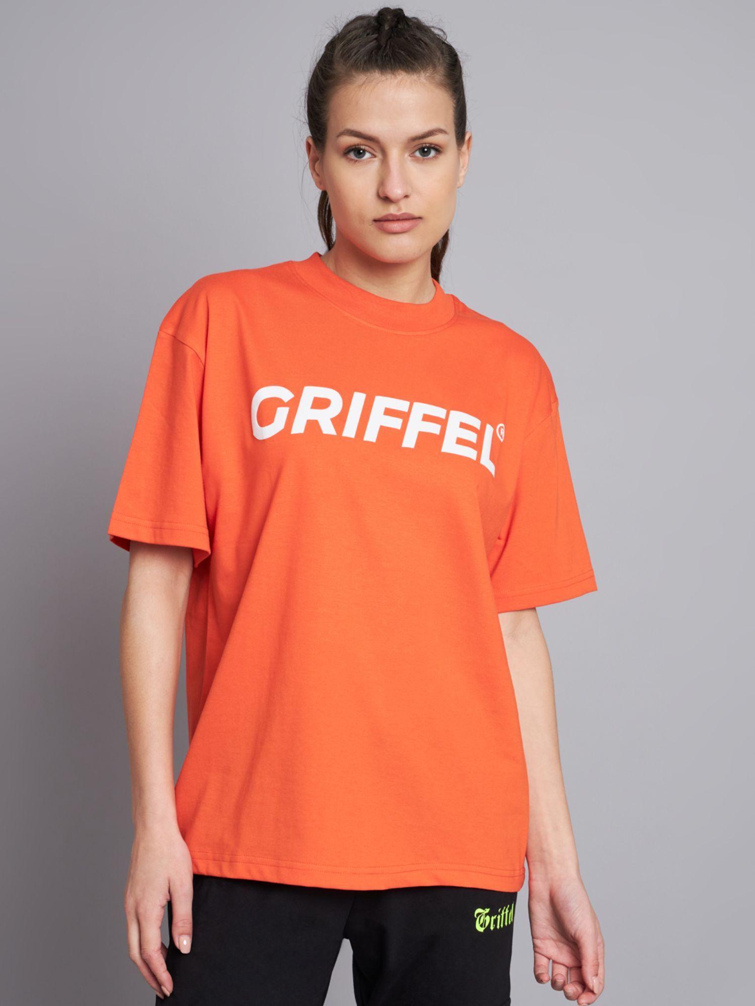 women registered logo drop shoulder oversized neon orange t-shirt