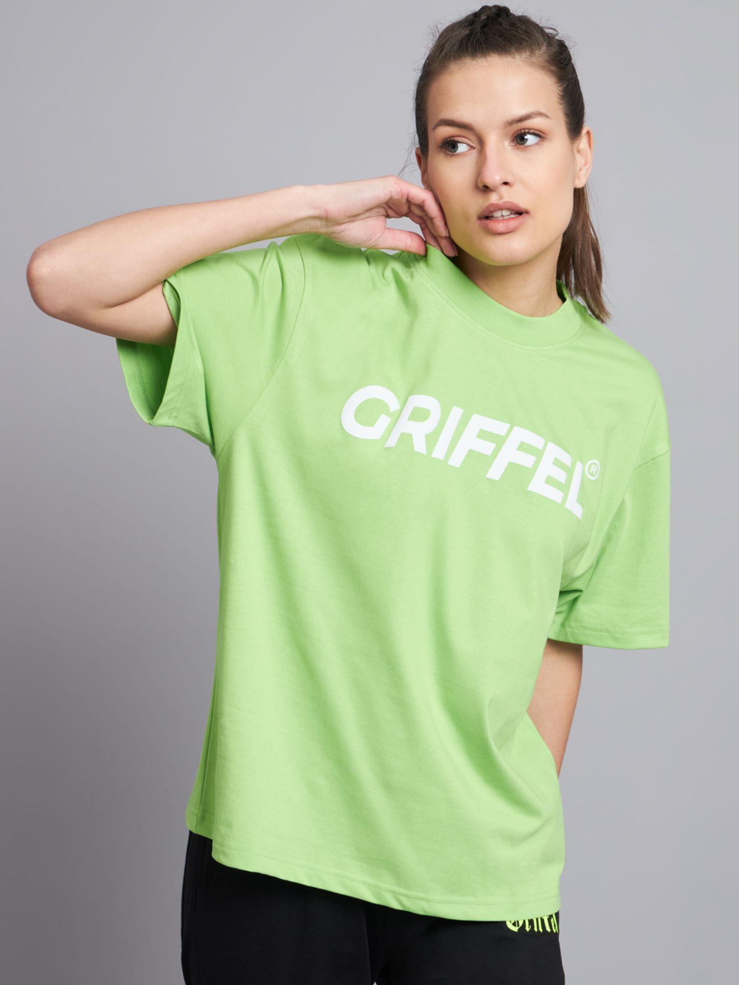 women registered logo drop shoulder oversized neon parrot t-shirt