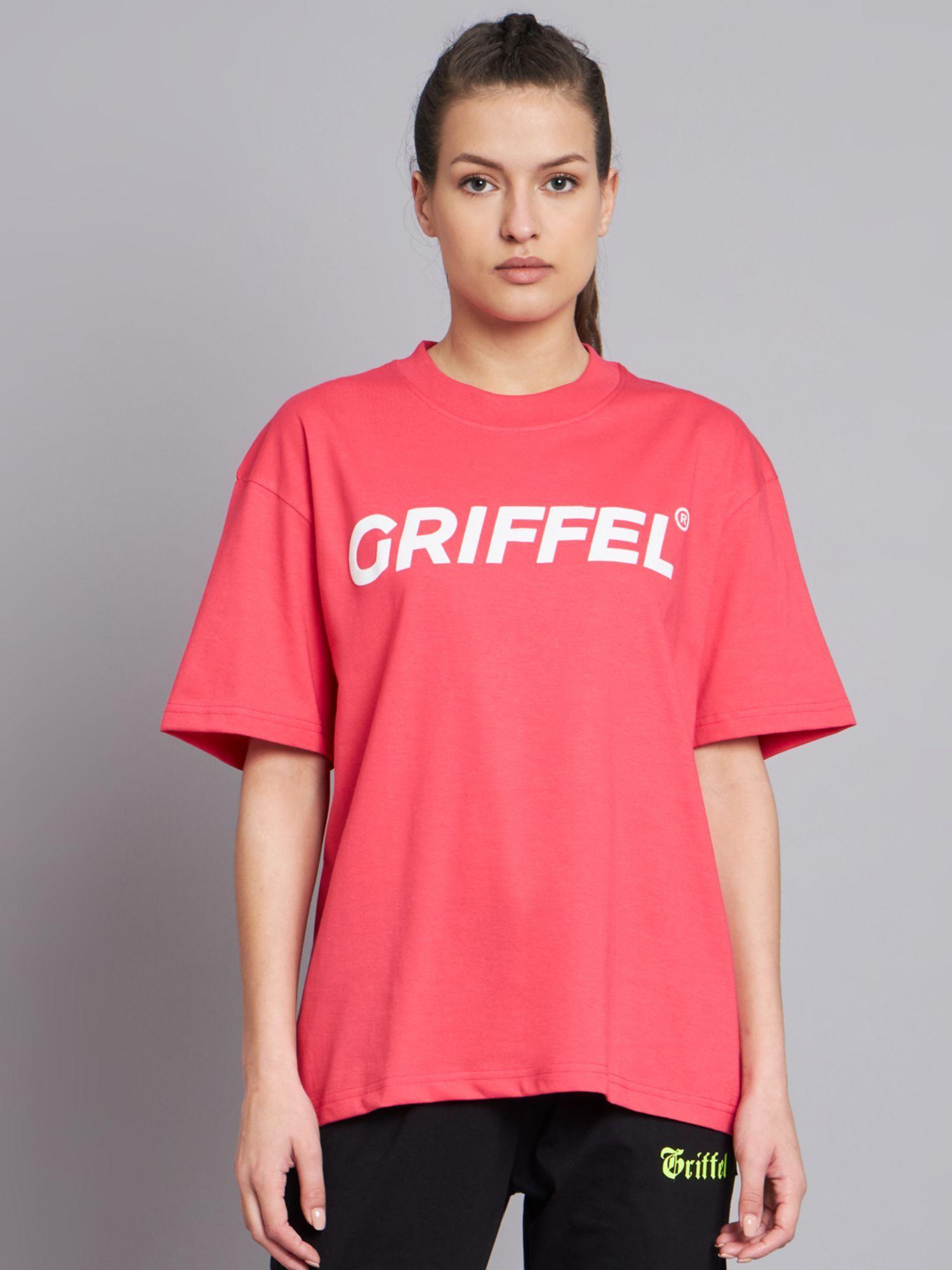 women registered logo drop shoulder oversized neon pink t-shirt