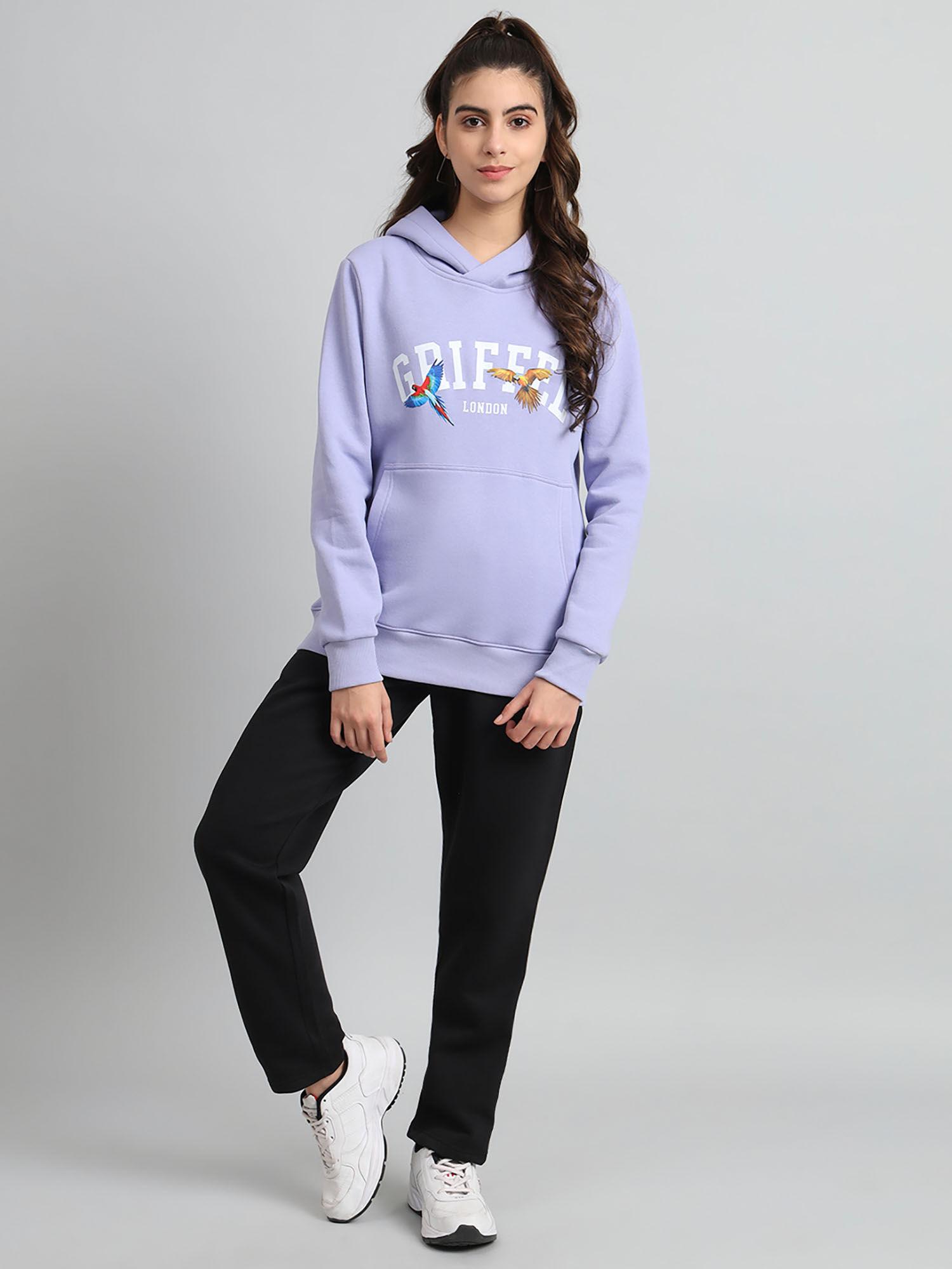 women regular birds print front logo cotton lavender hoodie & trackpants (set of 2)