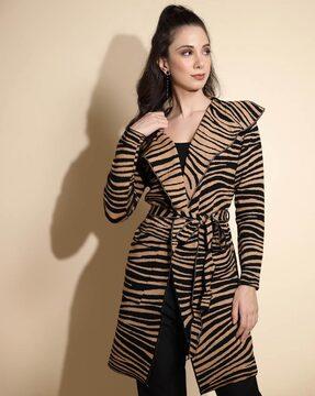 women regular fit animal print trench coat