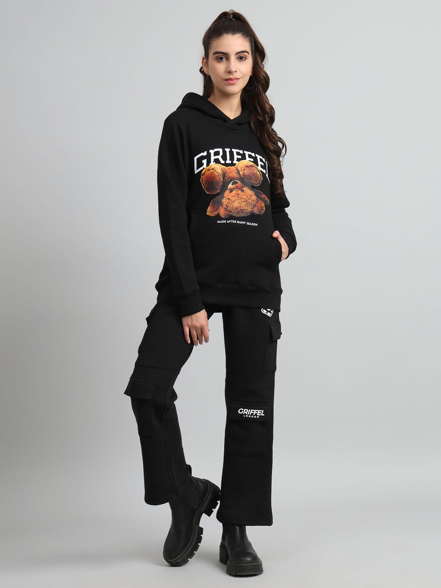 women regular fit bear print front logo cotton black hoodie and trackpants (set of 2)