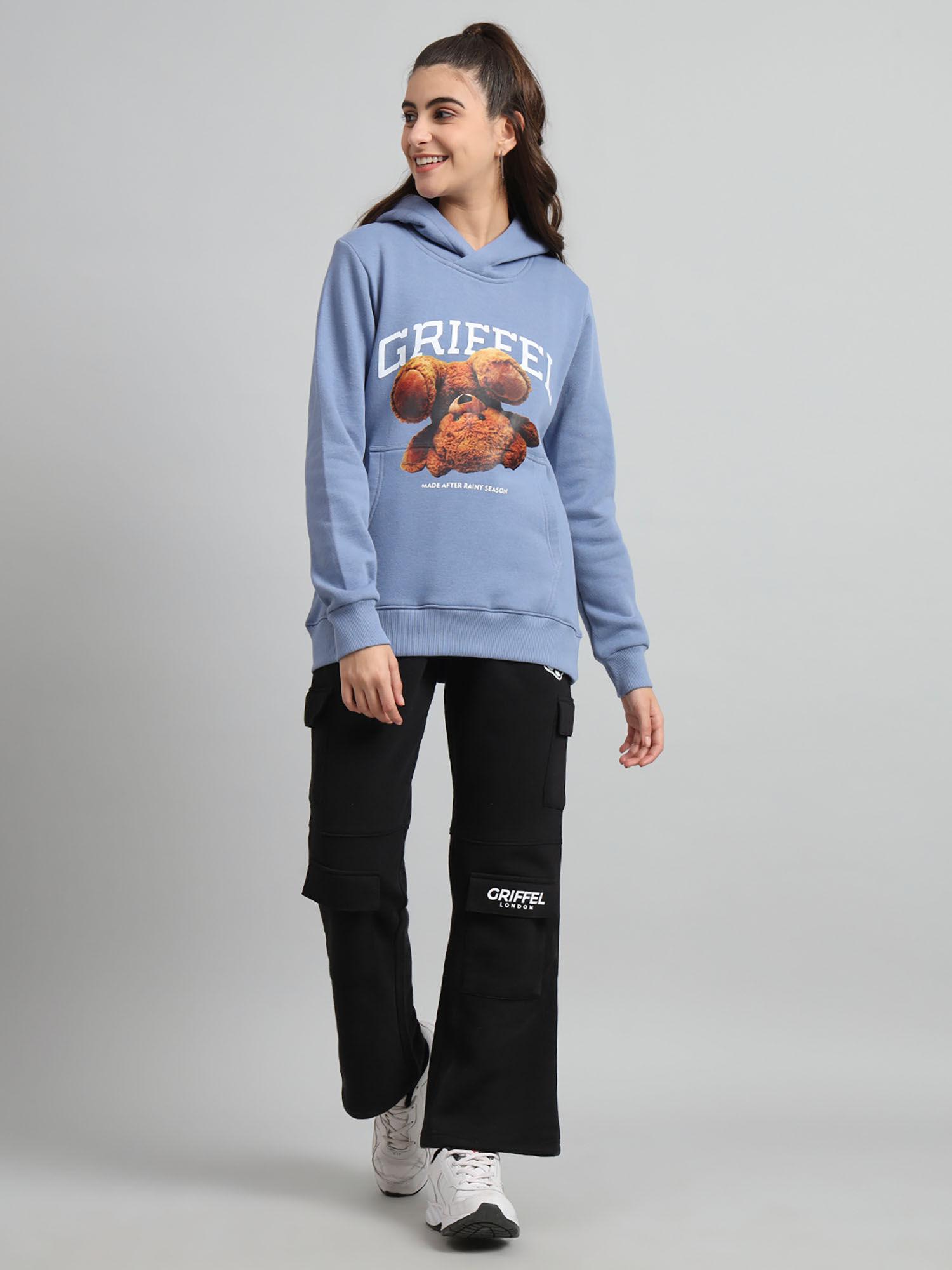 women regular fit bear print front logo cotton sky hoodie and trackpants (set of 2)