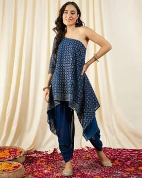 women regular fit block print kurta & salwar set