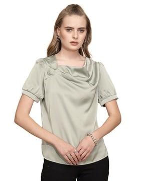 women regular fit blouson top with cowl neck